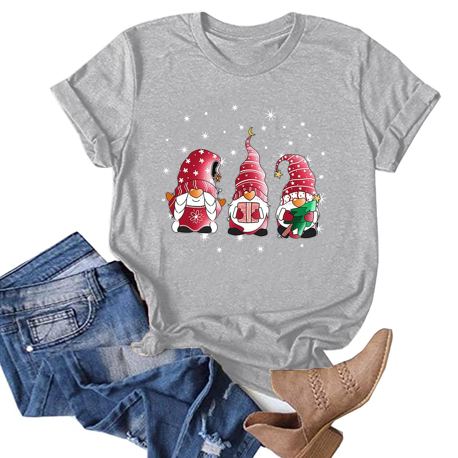 Men's & Women's Christmas Gnomes Print Round Neck Short-Sleeve T-Shirt - Festive Holiday White Tee for Couples & Family Matching Outfits