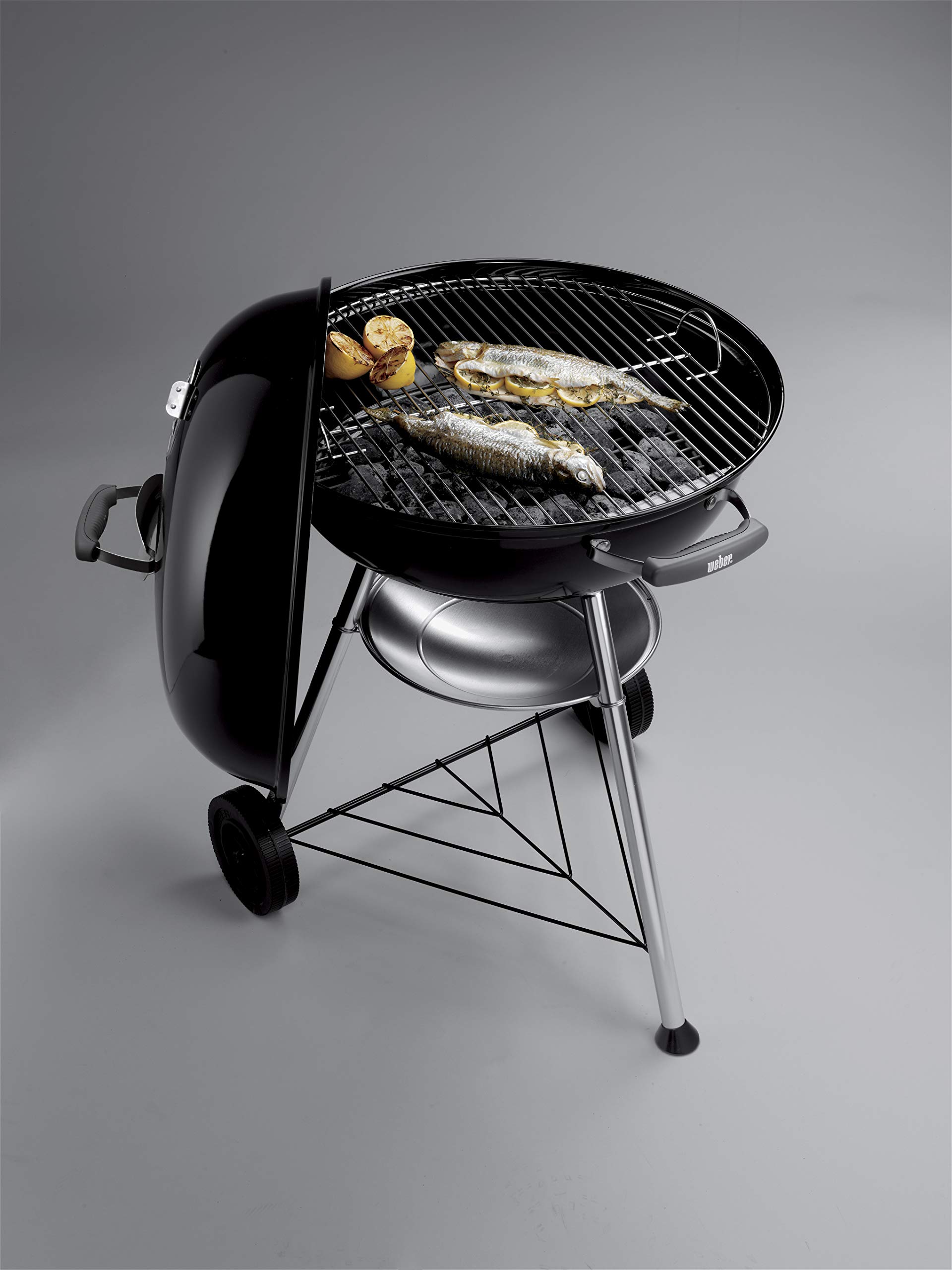 Weber Compact Kettle Charcoal Grill - 22.4 Inch (57cm) Porcelain-Enameled BBQ Grill with Tripod Stand & Wheels, Chrome-Plated Cooking Grate - Perfect for Backyard, Camping & Tailgating (Model 1321004) - Black