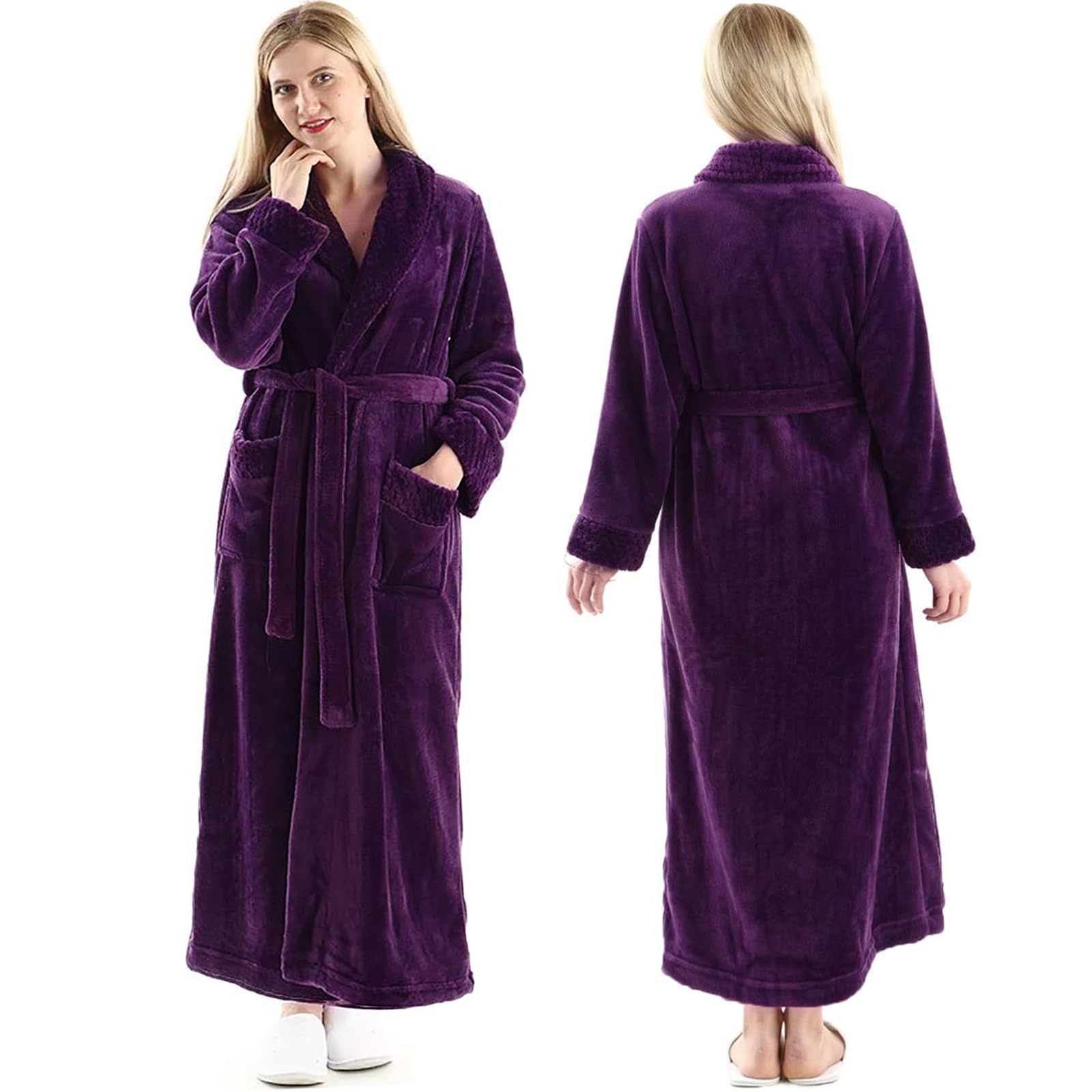 Oksun Women's Plush Fleece Long Robe - Soft Flannel Warm Bathrobe for Winter, Full Length Cozy Housecoat & Sleepwear - Perfect for Lounging, Spa Days and Cold Weather Comfort