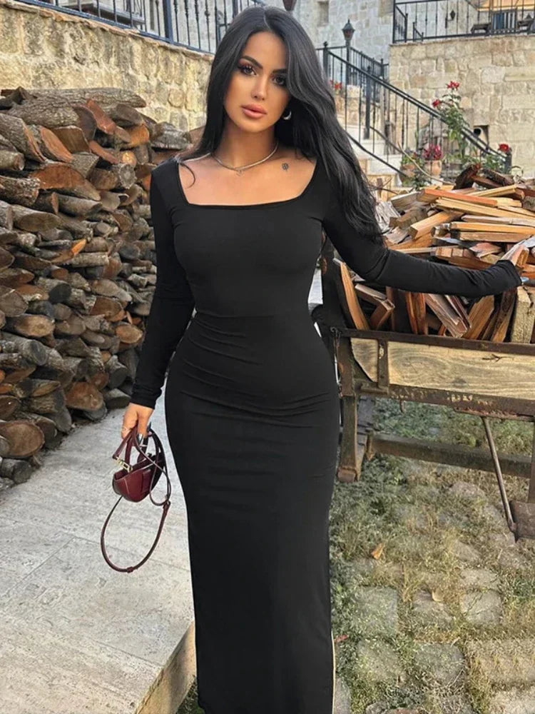 Sexy Black Maxi Dress with Back Bandage Detail - Long Sleeve Bodycon Winter Dress for Women | 2023 New Arrival C70 CG32 | Perfect for Date Night, Holiday Parties & Formal Events