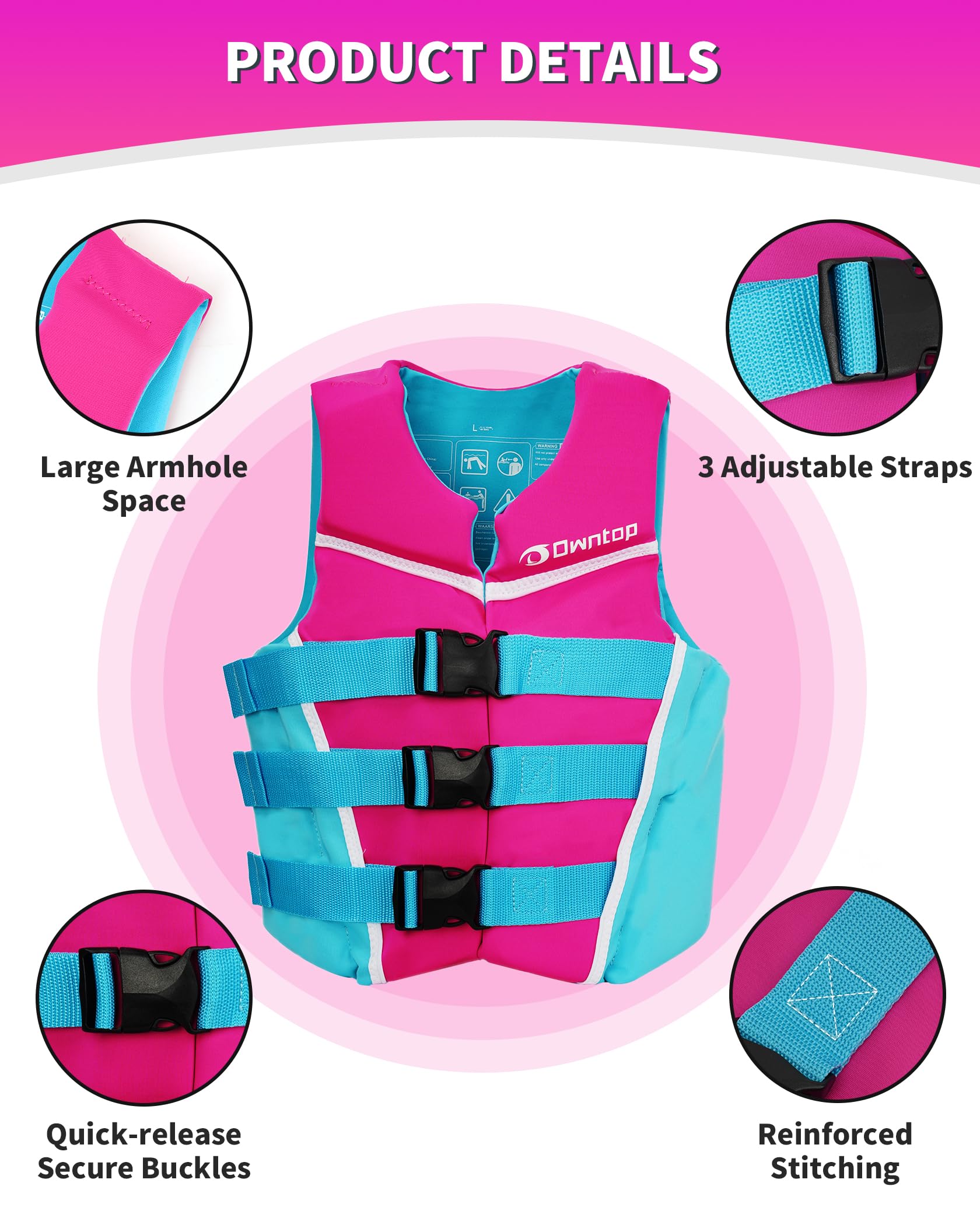 Owntop Youth Swim Vest - Lightweight & Breathable Life Jacket with Adjustable Safety Straps | High-Visibility Colors for Swimming Training, Kayaking & Boating | Fits Kids 50-125 lbs | Perfect for Pool, Lake & Beach Water Activities