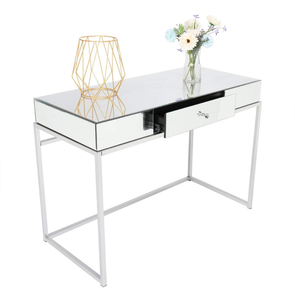 Elegant Mirrored Console Table with Drawers - Vanity Makeup Desk & Home Office Writing Table, Smooth Finish with Crystal Knobs - Perfect for Bedroom Dressing Area, Living Room Decor & Women's Workspace