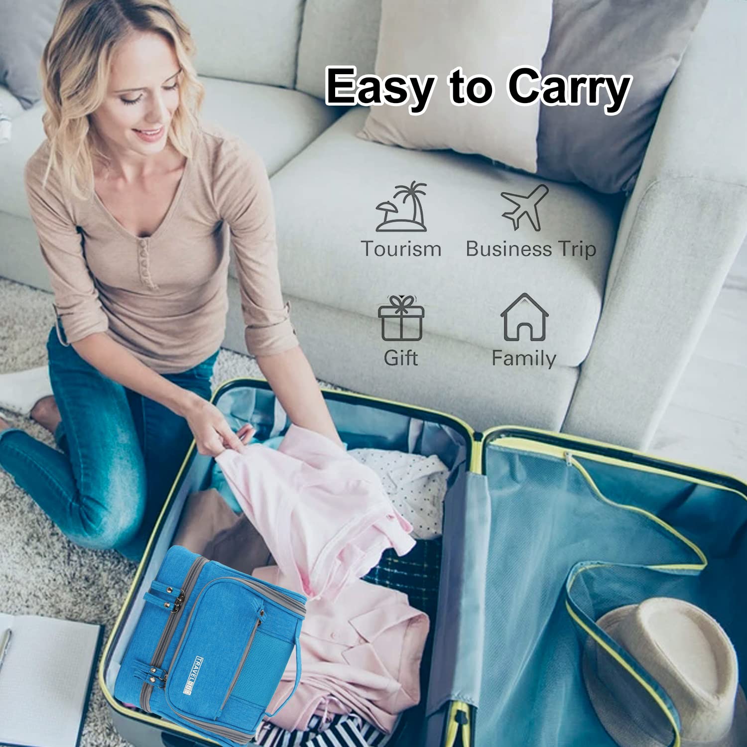 Large Travel Toiletry Bag for Women & Men - Waterproof Cosmetic Organizer with 2-Layer Dry/Wet Separation Design - Ideal for Bathroom, Gym, Camping & Air Travel (Blue)