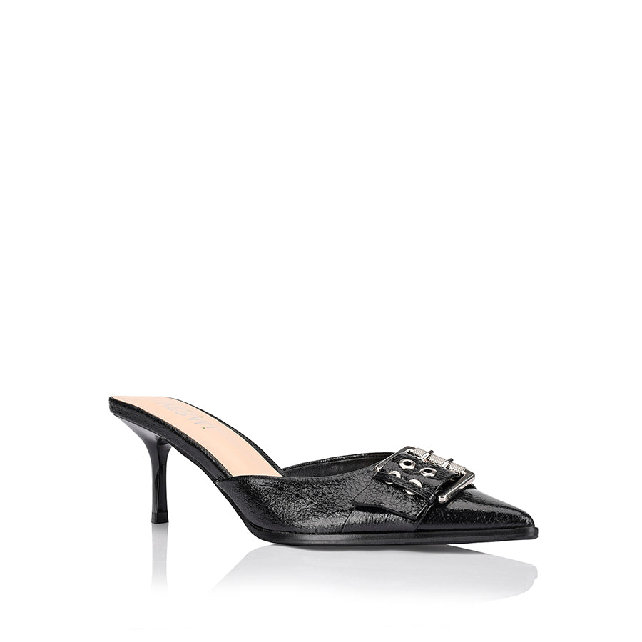 Sez Buckle Stiletto Mules - Black Crinkle Leather Slip-On Heels for Women | Comfortable & Stylish Shoes for Office, Party & Evening Wear