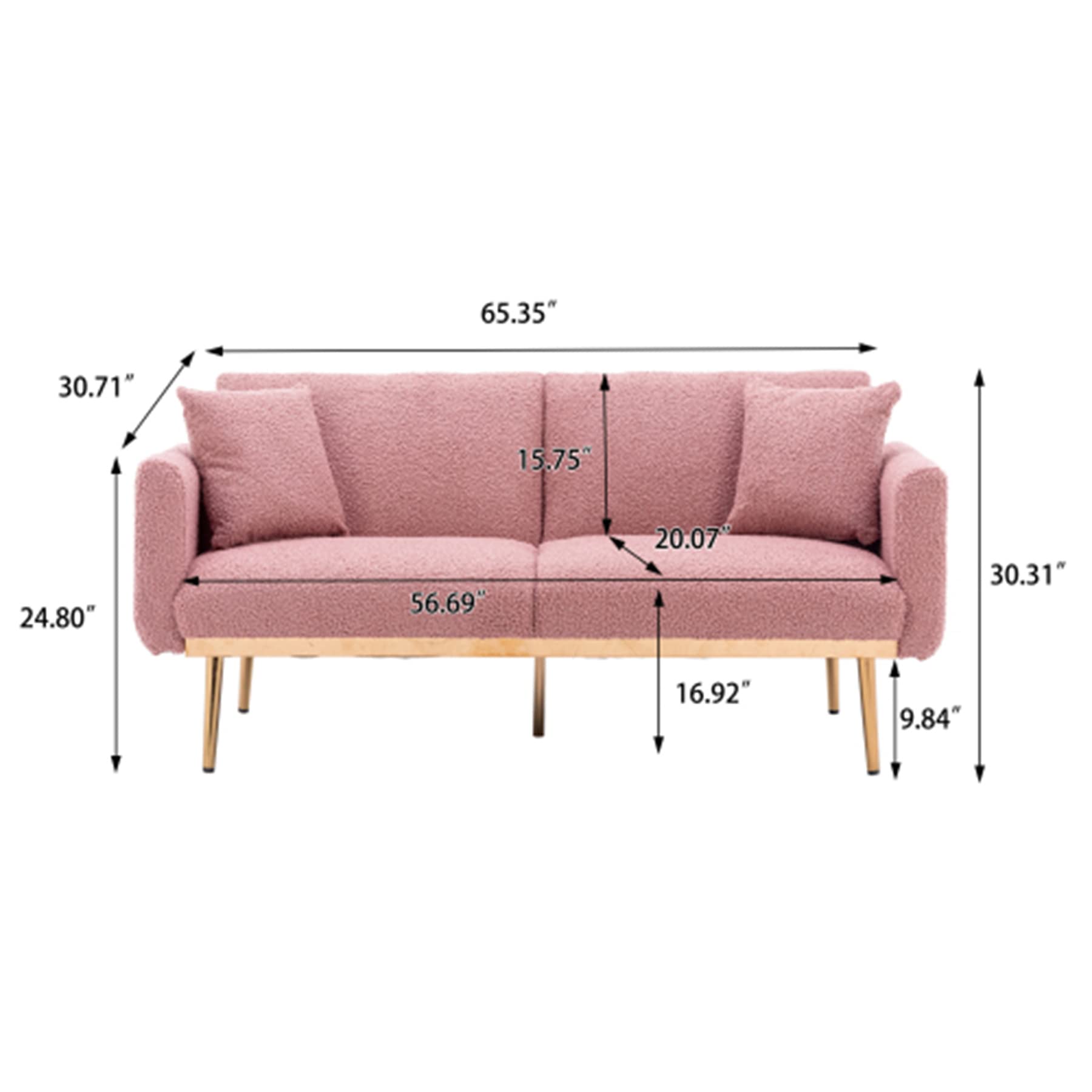 Convertible Futon Sofa Bed - Teddy Upholstered Folding Sleeper Sofa with Adjustable Backrest & 2 Pillows | Button Tufted Loveseat Couch with Sturdy Metal Legs | Perfect for Living Room, Bedroom, Office & Small Spaces (Brushed Pink)