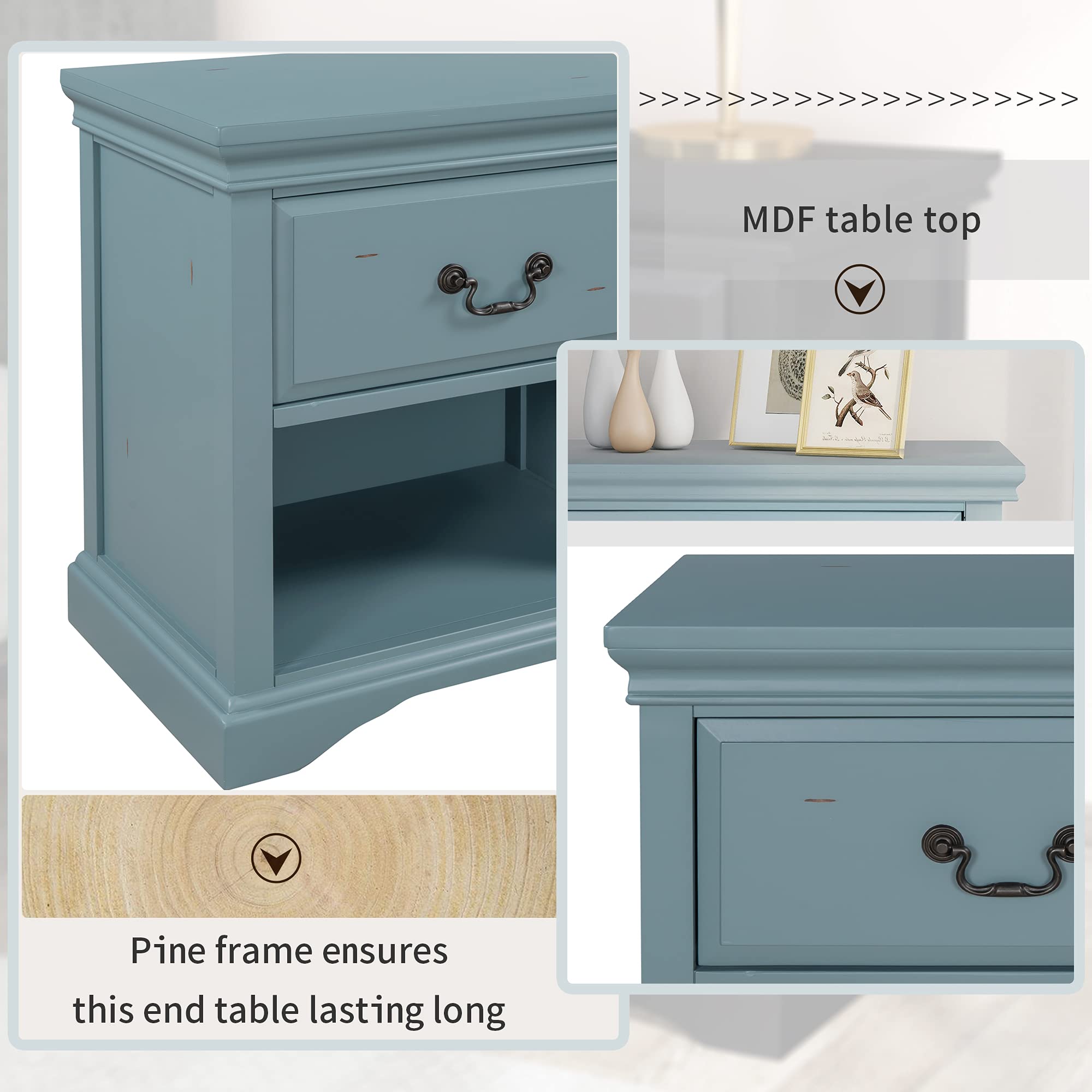 Solid Wood End Table Nightstand with Drawer & Shelf - Rustic Retro Storage Side Table for Living Room & Bedroom - Traditional Design Bedside Table for Small Spaces (Blue) - Perfect for Reading Nook, Guest Room & Apartment Decor