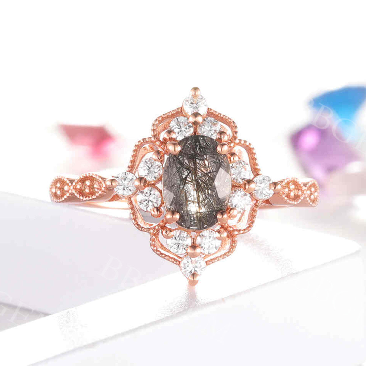 Vintage Black Rutilated Quartz Engagement Ring - Milgrain Filigree Leaf Flower Design - 925 Sterling Silver Wedding Band - Perfect for Romantic Proposals, Anniversary Gifts & Boho Bridal Jewelry