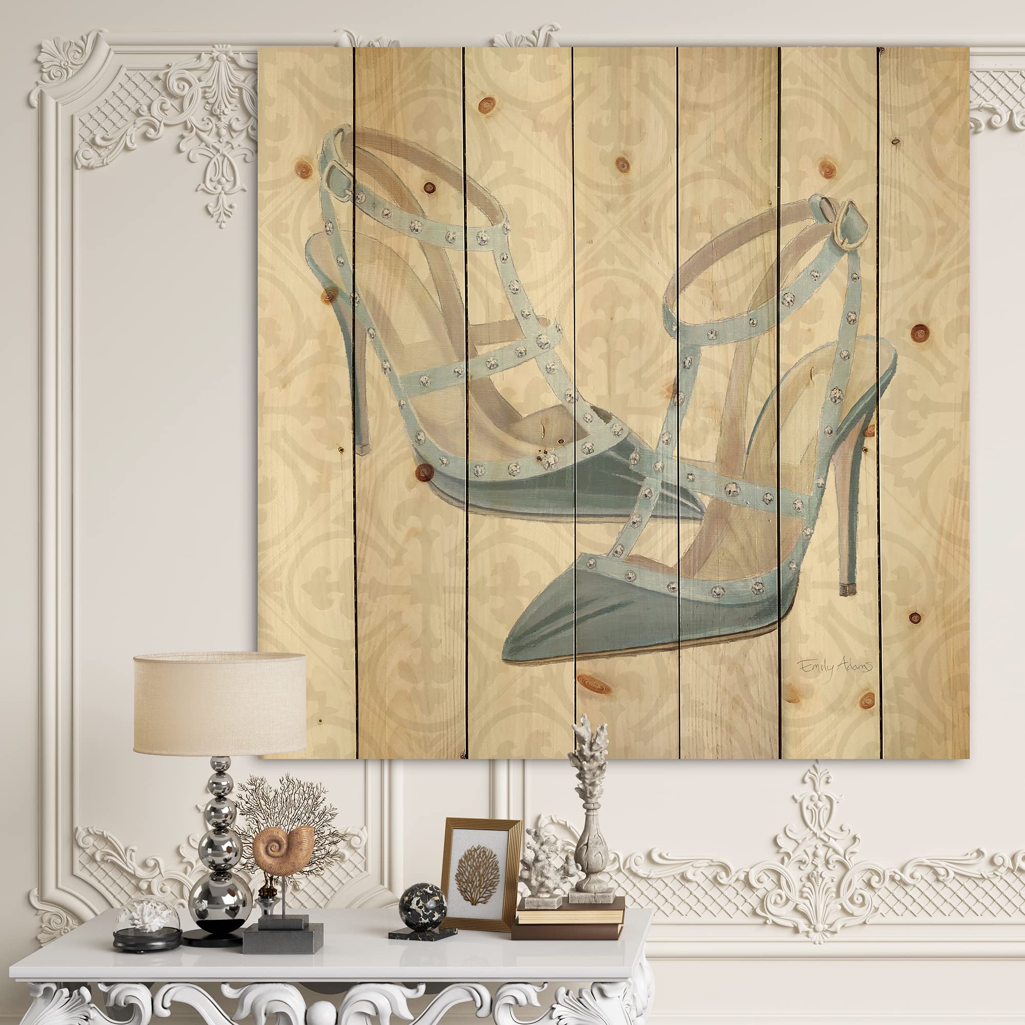 DesignQ Glam Cosmetics Blue Shoes Traditional Wood Wall Decor - Handcrafted Blue Wood Wall Art, Large Fashion Wood Panels Printed on Natural Pine - Perfect for Home, Office & Boutique Decor