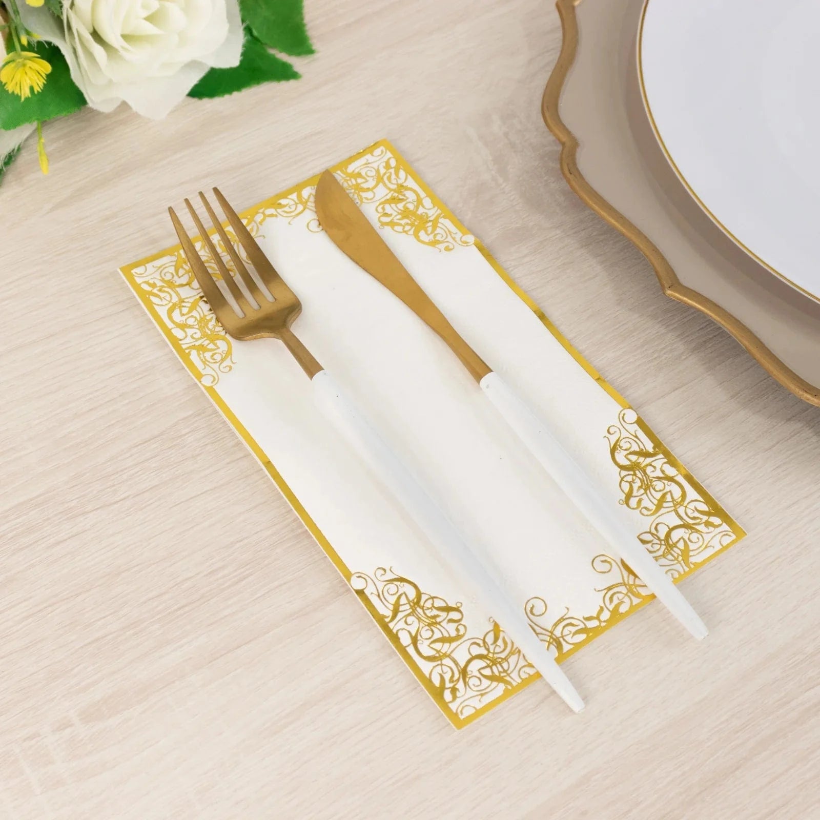 50-Pack Premium Soft White Dinner Napkins with Elegant Gold Foil Lace Design - Perfect for Weddings, Parties & Fine Dining