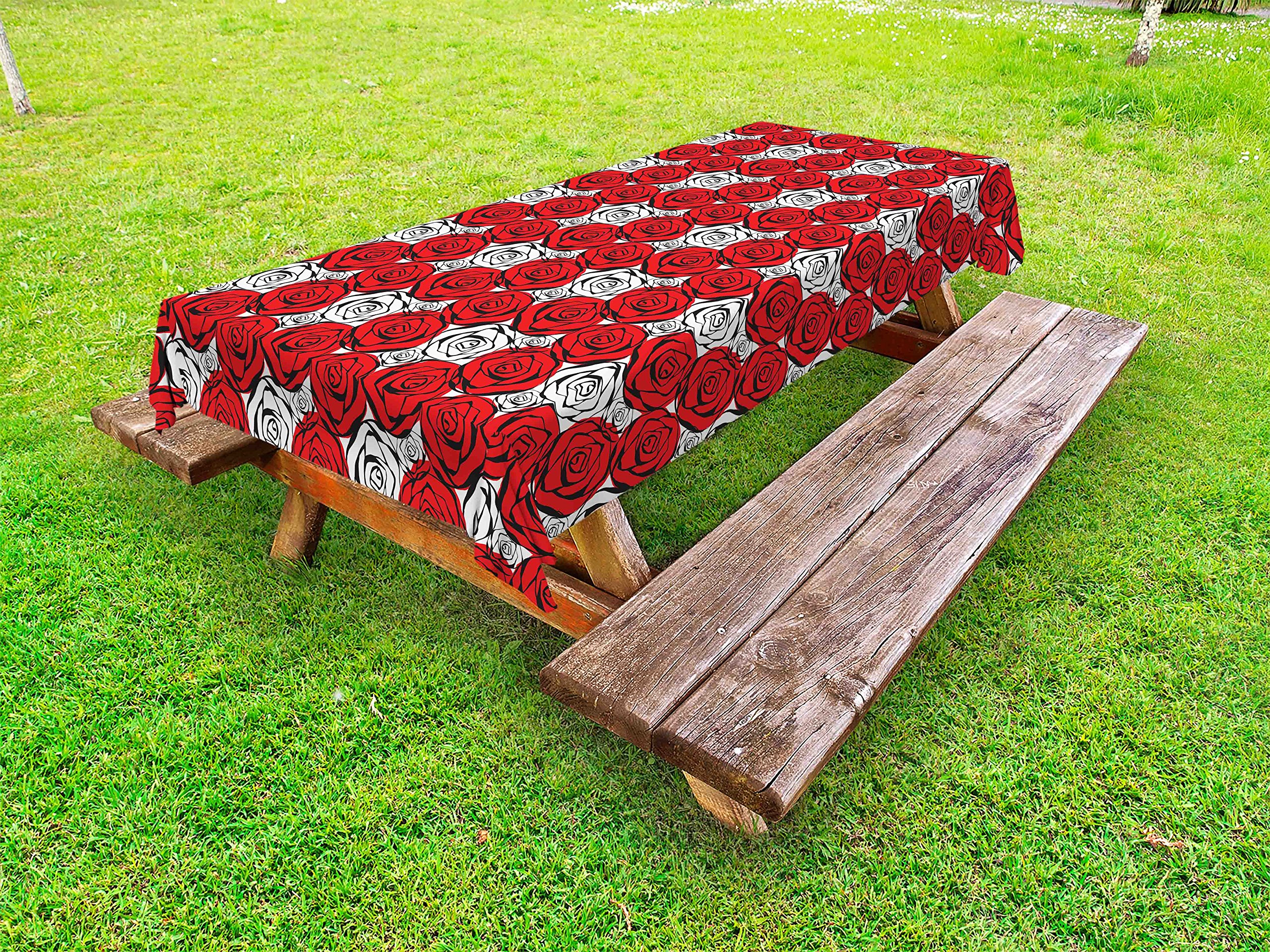 Ambesonne Red and Black Floral Outdoor Tablecloth - Vintage Roses with Black Contours, Washable Picnic Table Cover 58x120 Inches - Perfect for Garden Parties, BBQs, and Outdoor Dining (Scarlet Black White)