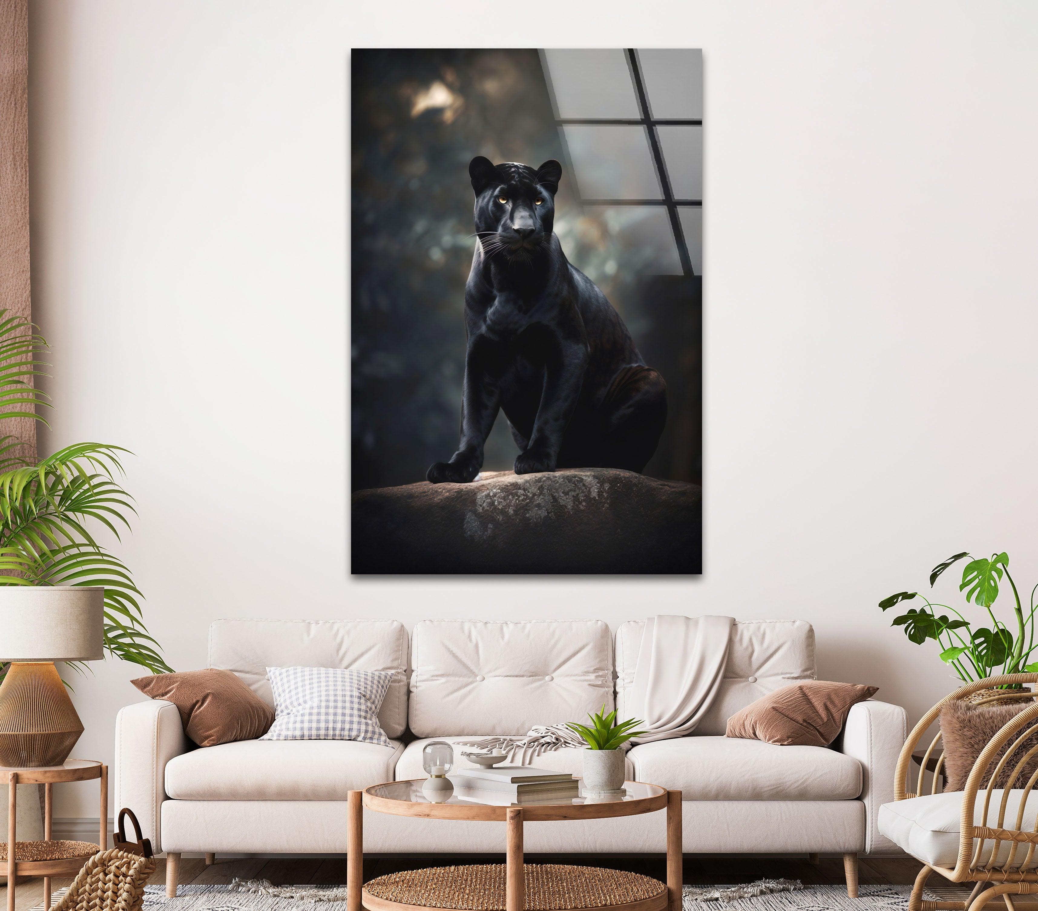 Black Puma Cool Glass Wall Art - Modern Home Decor for Living Room, Bedroom & Office - Unique Animal Themed Stained Glass Panel Artwork