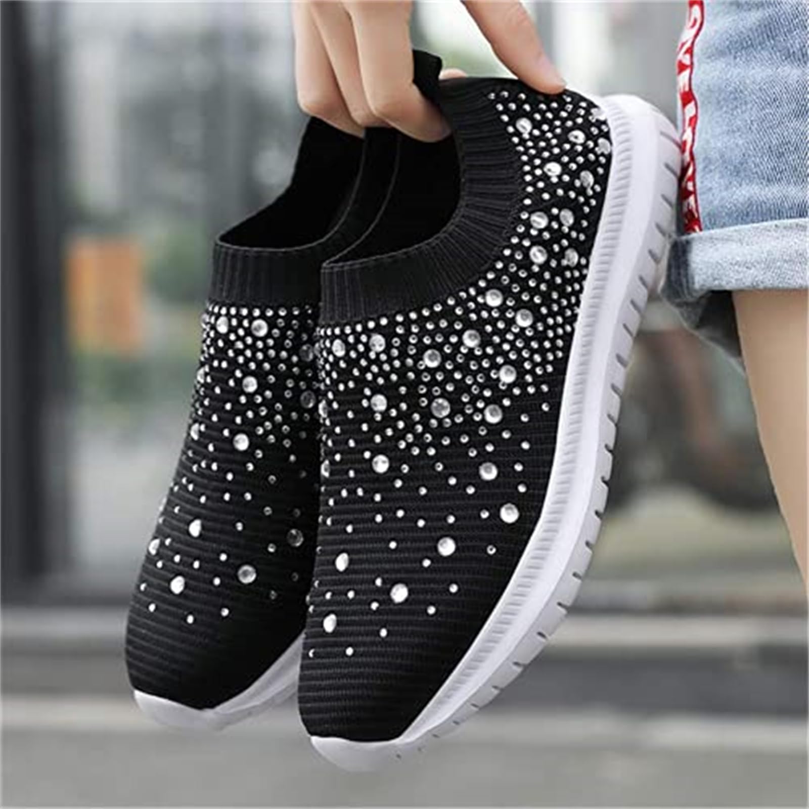 Sparkling Rhinestone Women's Orthopedic Slip-On Walking Shoes - Breathable Knit Loafers with Anti-Slip Sole for Comfort & Style | Perfect for Casual Wear, Office, and Daily Walking