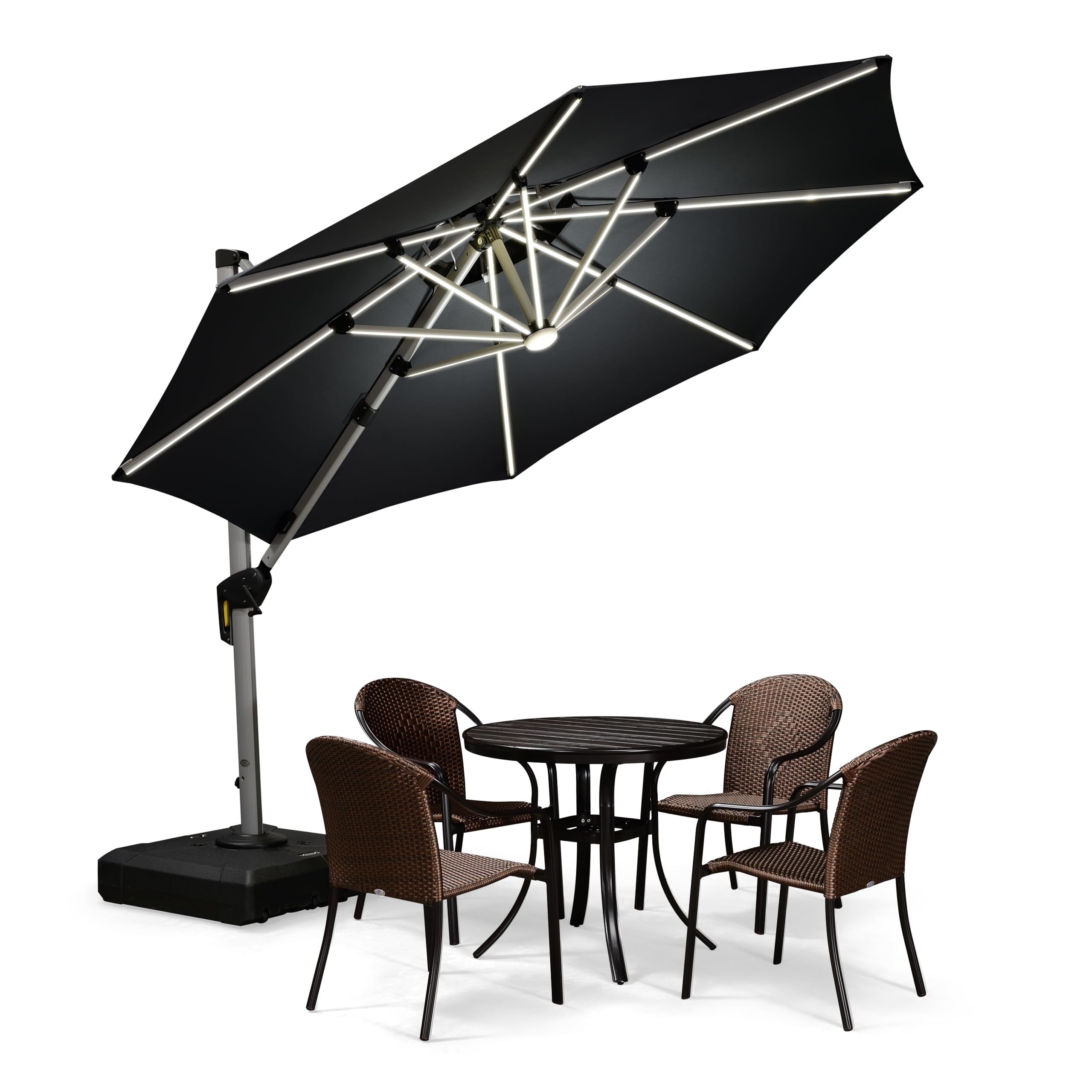PURPLE LEAF 11ft Solar Powered LED Patio Umbrella - Large Windproof Cantilever Outdoor Umbrella with LED Lights - Heavy Duty Sun Shade for Garden, Deck, Pool & Backyard (Black) | Perfect for Outdoor Dining, Lounging and Entertaining