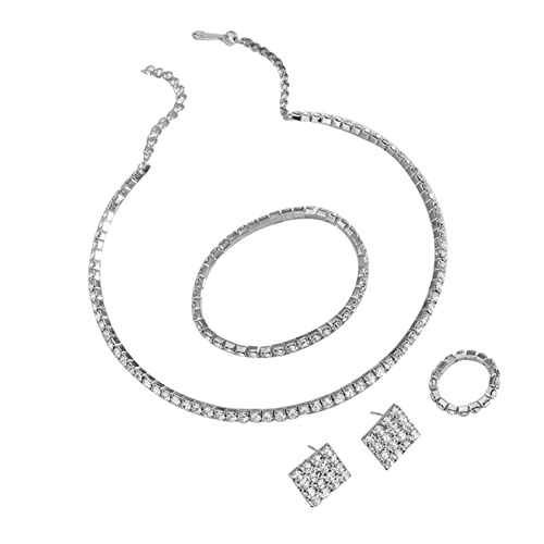Elegant Crystal Rhinestone Bridal Jewelry Set - Wedding Tennis Necklace, Band Ring & Stud Earrings for Women & Girls (Silver, Style 1) | Perfect for Weddings, Prom, Anniversaries & Special Occasions