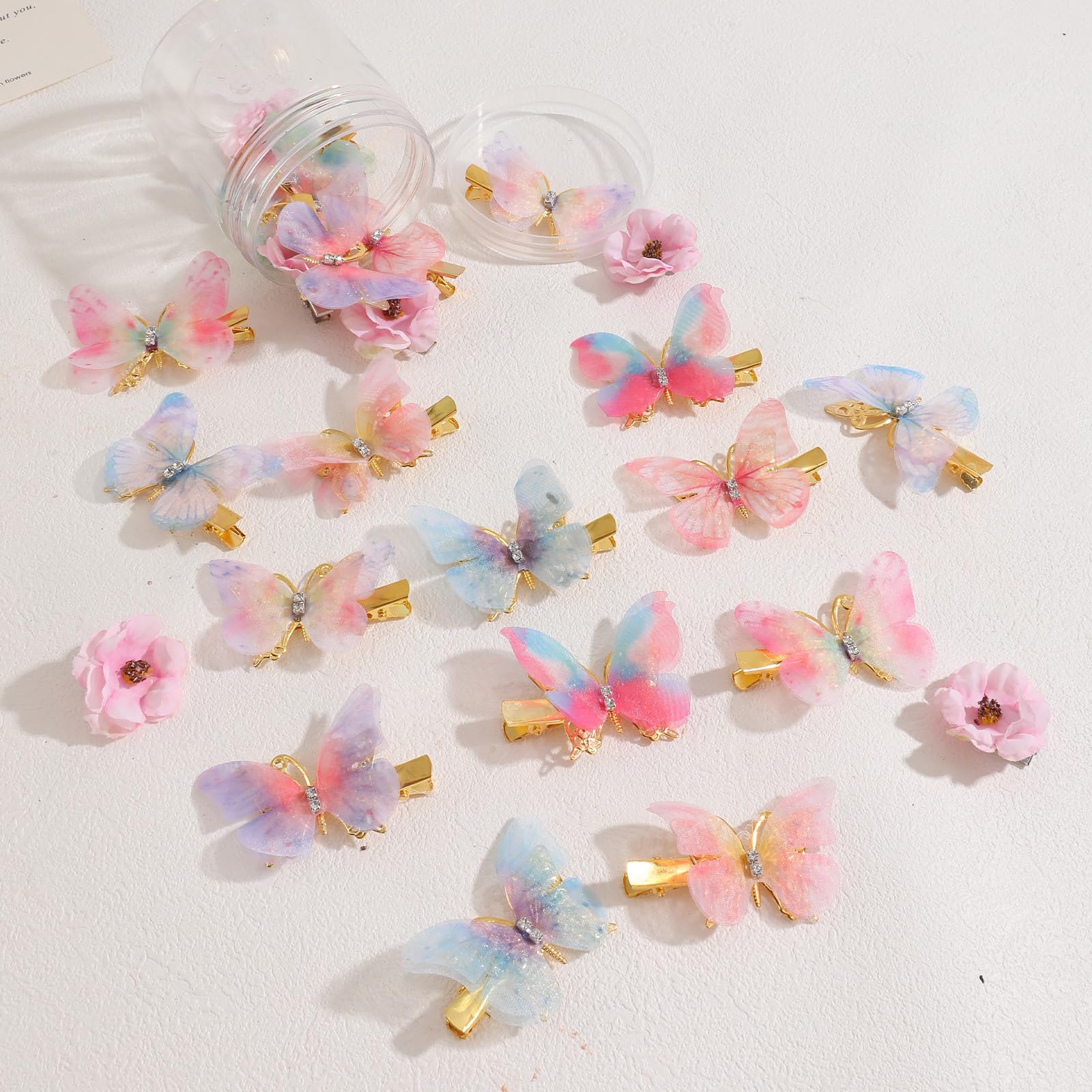 24Pcs Glitter Butterfly & Flower Hair Clips for Girls - Realistic Handmade 90s Hair Accessories (Pink) | Perfect for School, Parties, and Everyday Styling