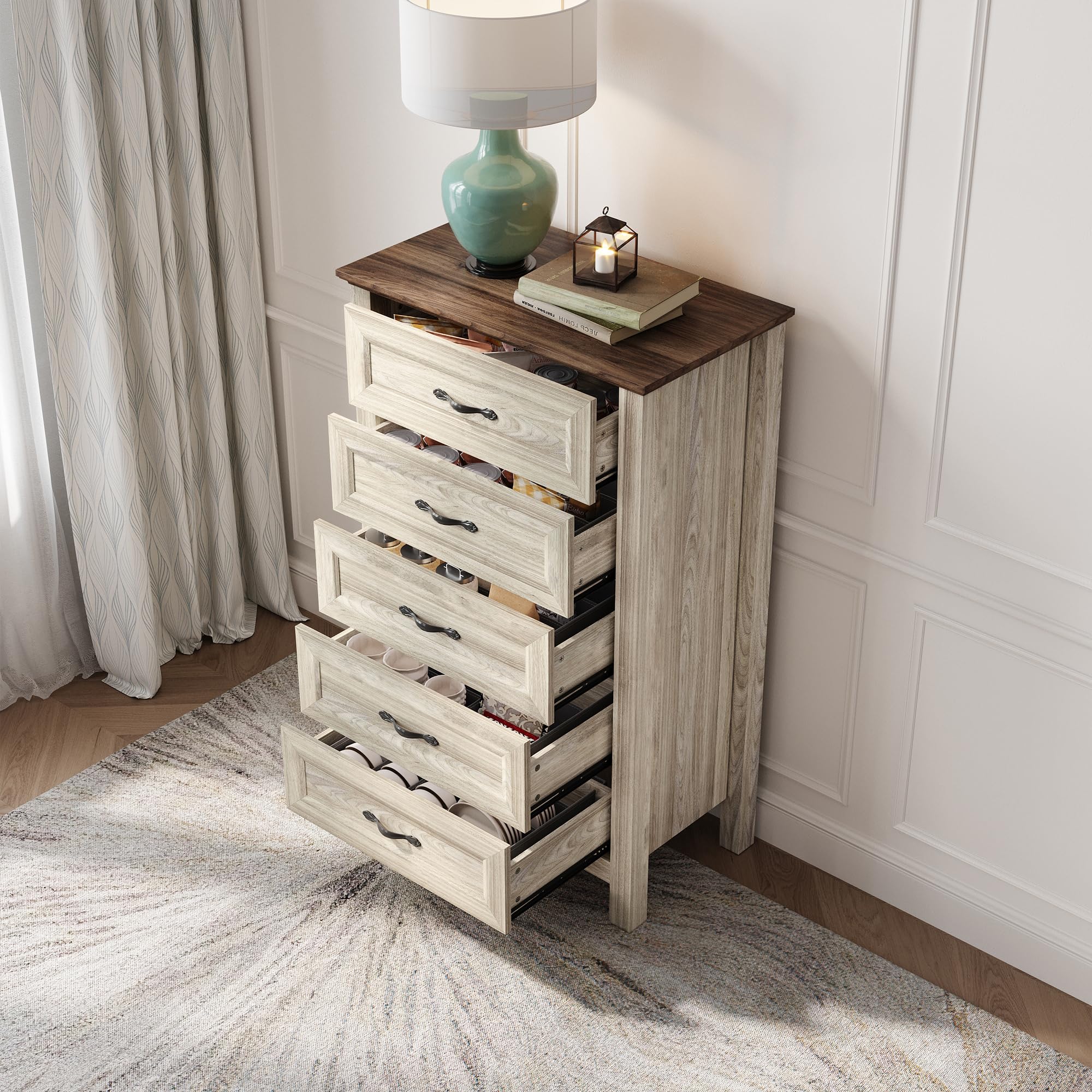 LINSY HOME 5-Drawer Dresser for Bedroom - Solid Wood Chest of Drawers with Farmhouse Style - Tall Storage Organizer for Clothes, Bedding & Accessories - Perfect for Bedroom, Closet, Living Room & Hallway Organization