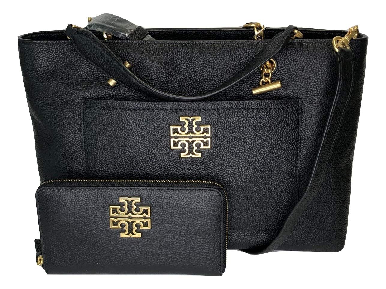 Tory Burch Britten Satchel Handbag & Britten Zip Continental Wallet Set in Black | Premium Leather Crossbody Bag for Women | Perfect for Work, Travel & Everyday Use