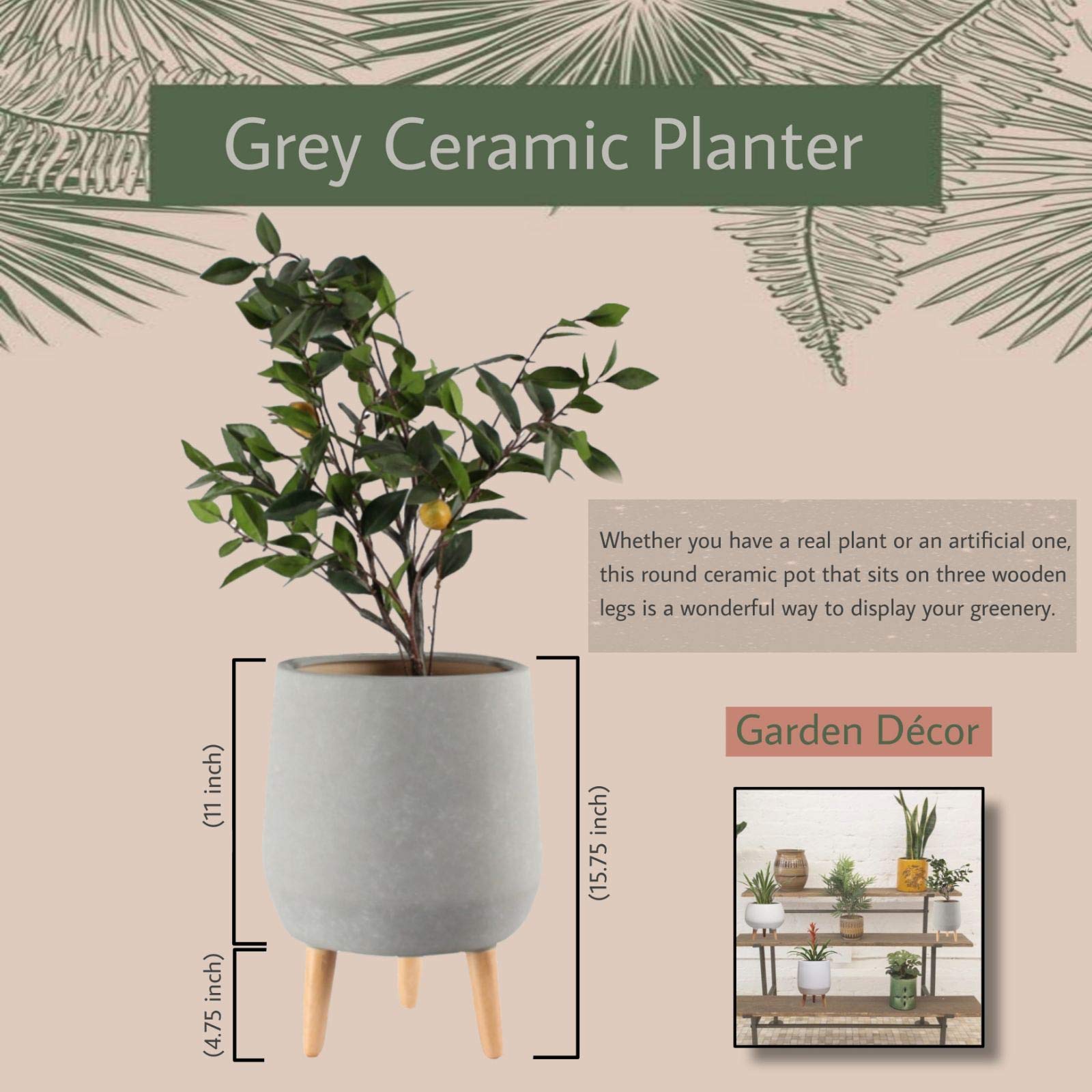 Serene Spaces Living Grey Ceramic Plant Pot Holder with Wooden Legs - 15.75