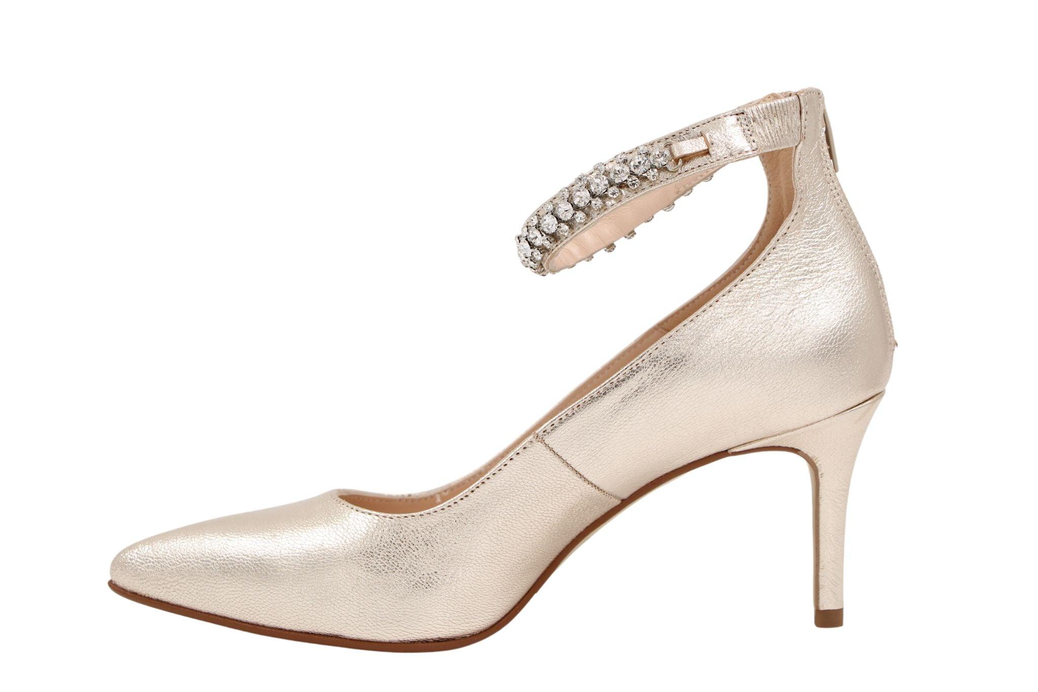 MARIAN Women's Gold Leather Pointed Toe Mid Heel Court Shoes with Diamante Cuff - Elegant Dress Pumps for Weddings, Parties & Formal Occasions