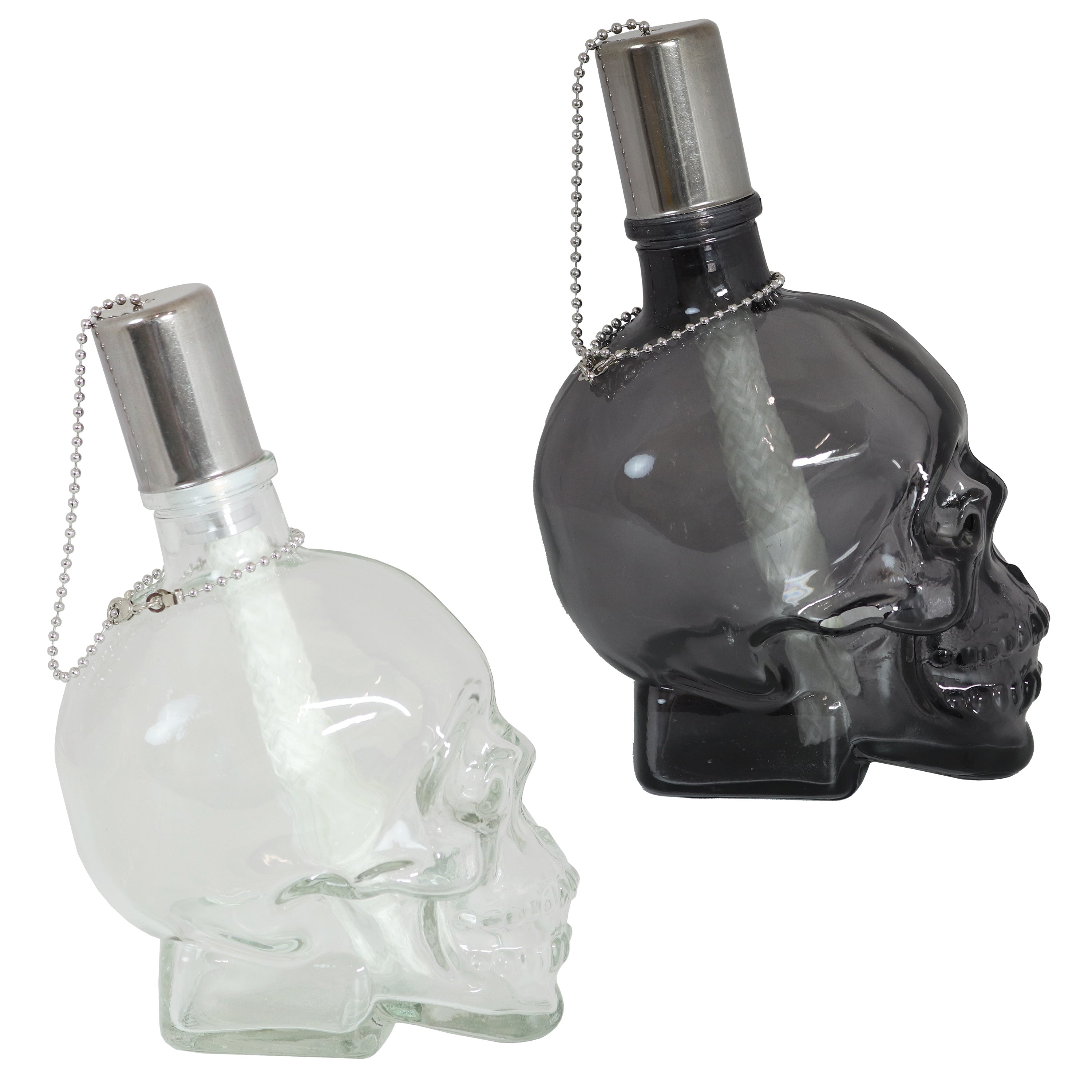 Sunnydaze Grinning Skull Glass Tabletop Torches - Black & Clear Outdoor Decor for Halloween, Patio & Garden Parties