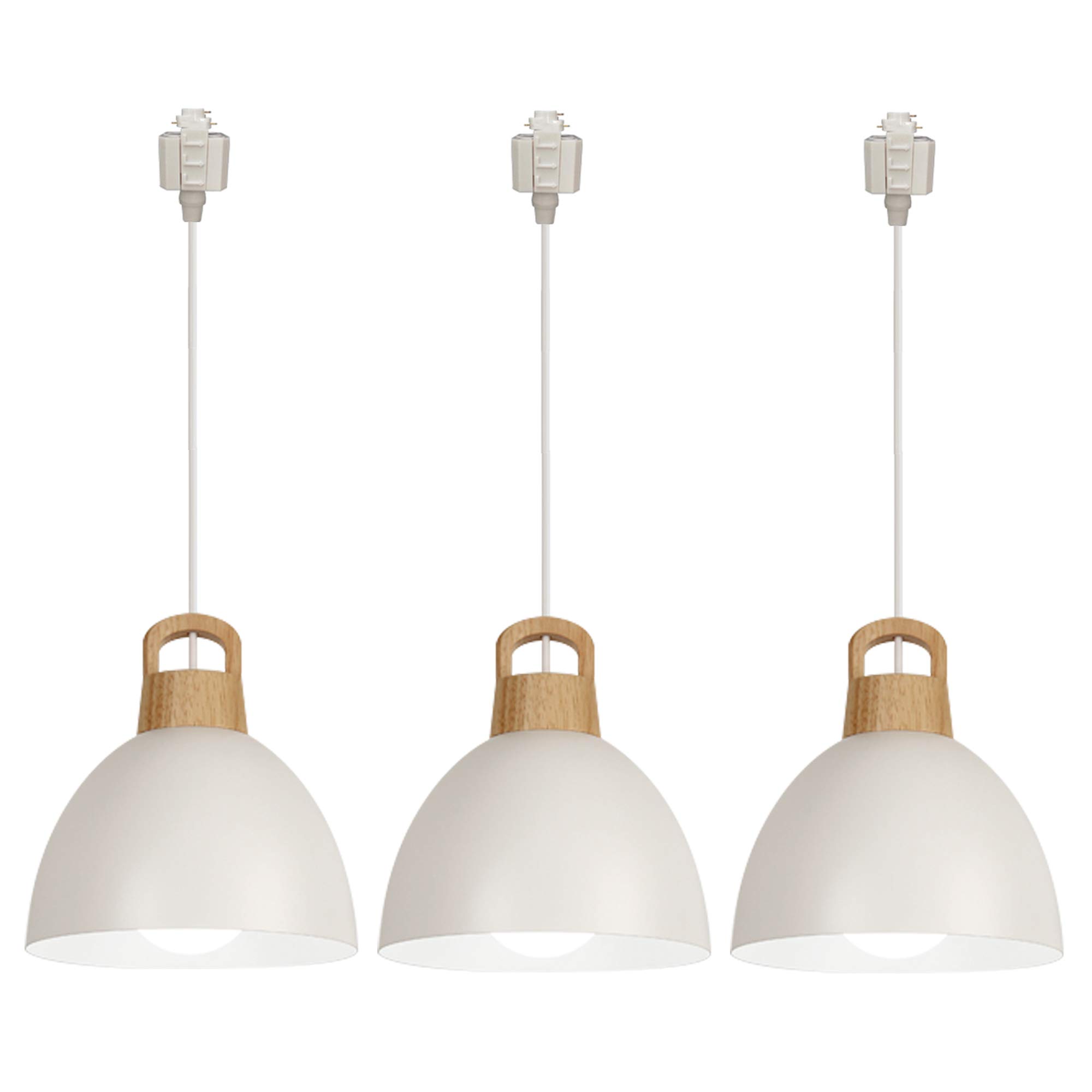 Macaron Iron Pendant Light with Wooden Handle - E26 Socket, H-Type Track Light, 3.2 ft Cord, White Circular Shade - Perfect for Living Room, Kitchen, or Dining Room Decoration - 3-Light Customizable Set