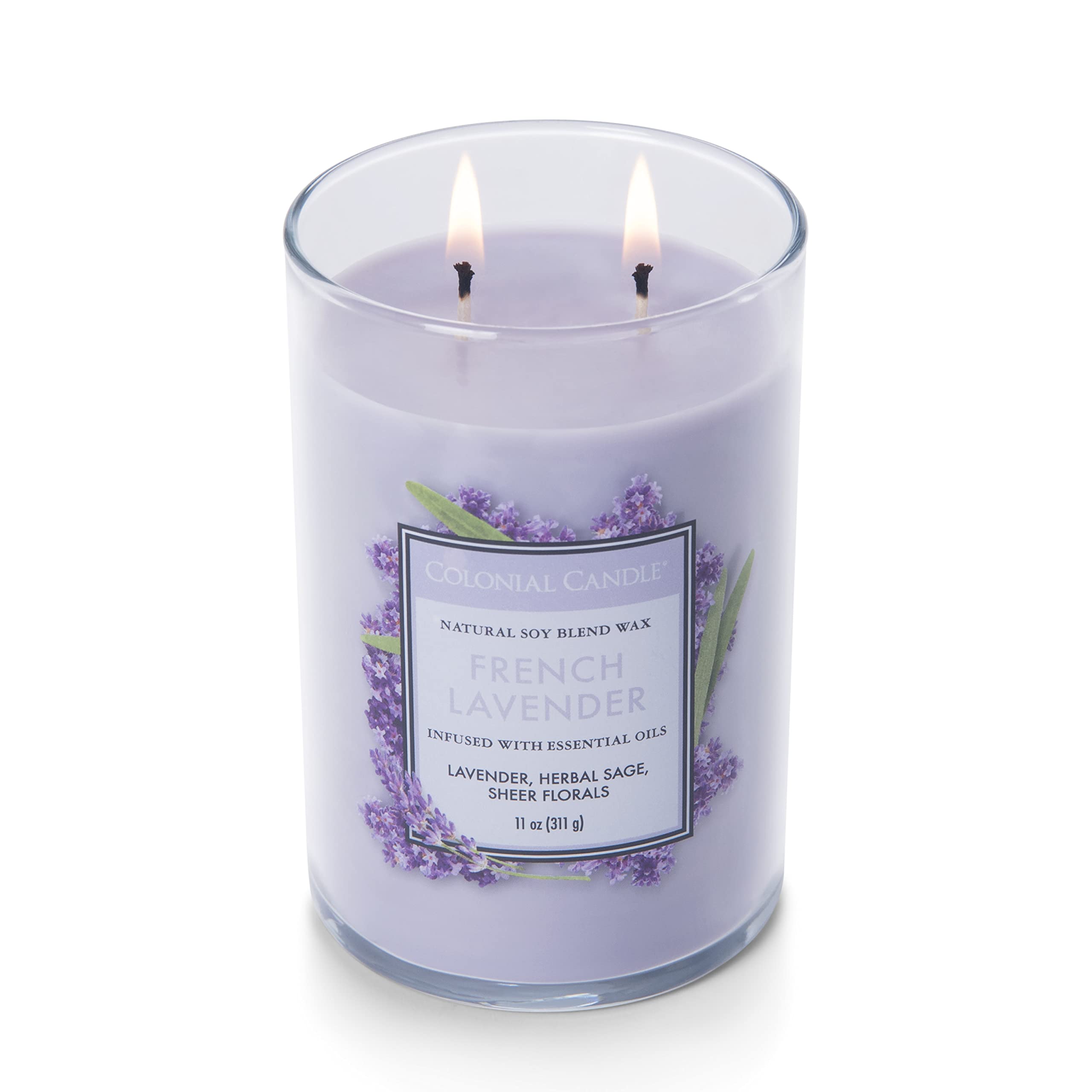 Colonial Candle French Lavender Scented Jar Candle - Classic Cylinders Collection, 2-Wick Purple Candle (11oz, 80-Hour Burn) for Home Decor, Relaxation & Aromatherapy