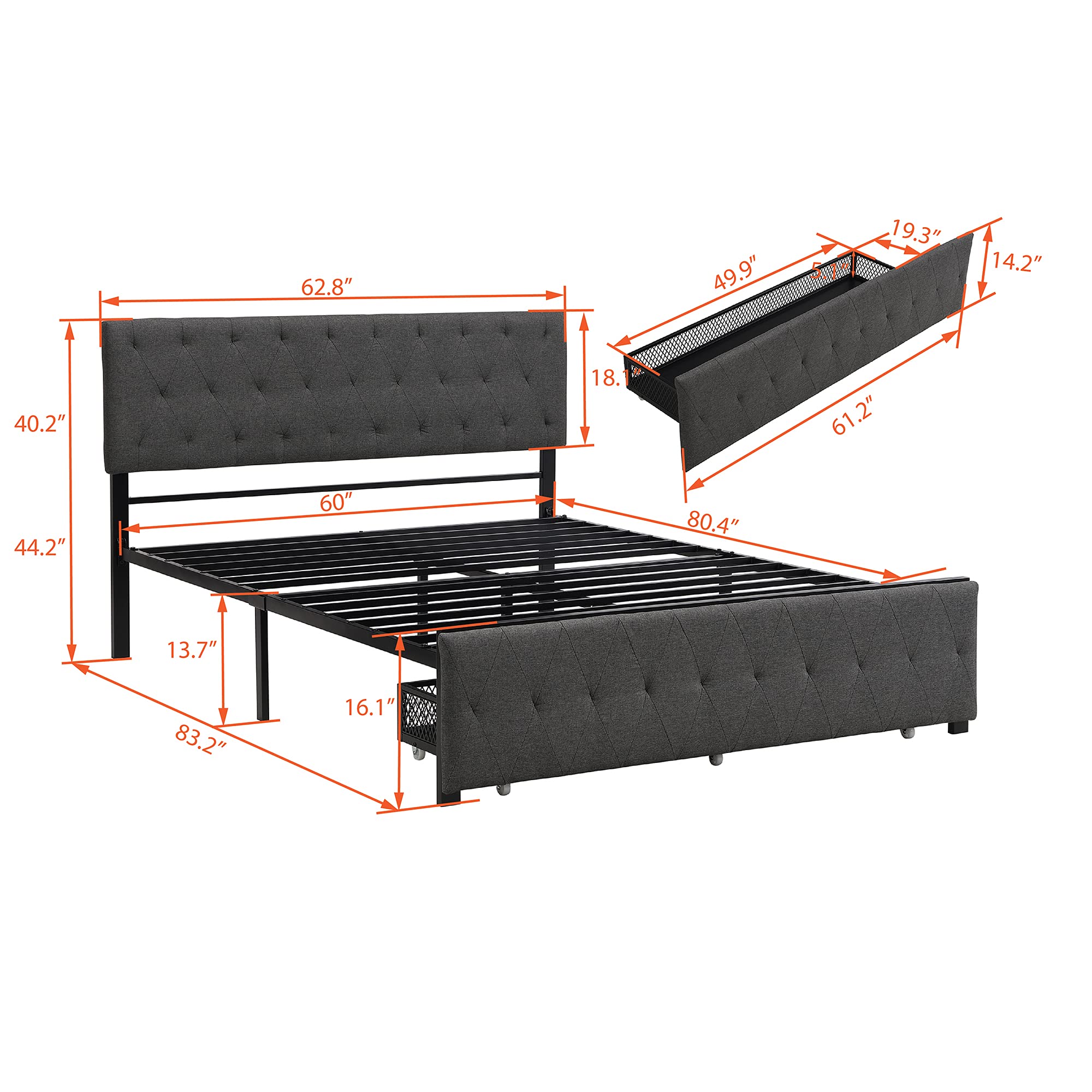 Queen Size Upholstered Storage Bed Frame with Large Drawer - Sturdy Metal Frame & Slat Support System, No Box Spring Needed (Gray) - Perfect for Small Bedrooms & Modern Apartments with Limited Space