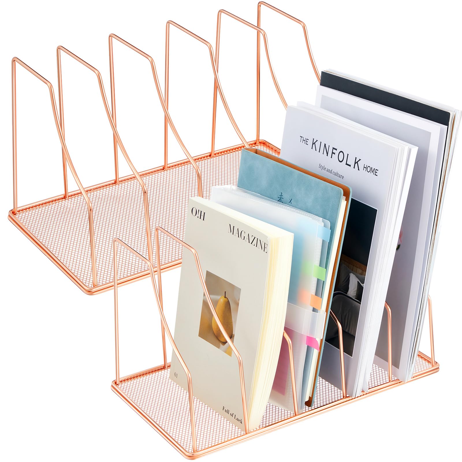 2-Pack 5-Slot Wire File Organizer & Magazine Holder - Rose Gold Desktop File Sorter for Office, Home, or School - Perfect for Desk Organization, Paper Storage, and Document Management