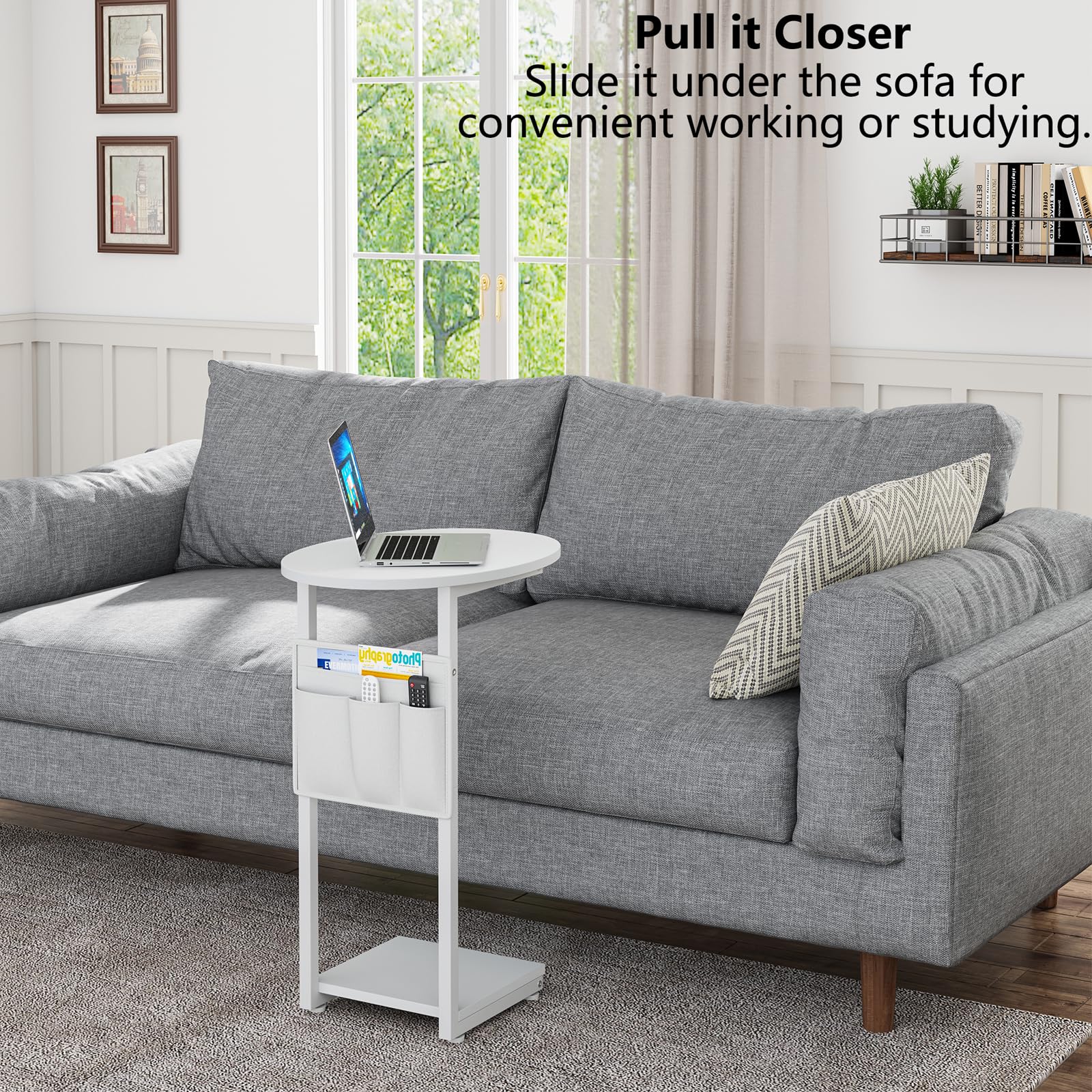 Vagusicc White C-Shaped End Table - Small Side Table for Couch & Sofa with Storage Bag, Round Living Room & Bedroom Side Table - Perfect for Small Spaces, Sliding Under Sofa as Tray Desk - Ideal for Reading Nook, TV Lounge & Apartment Decor