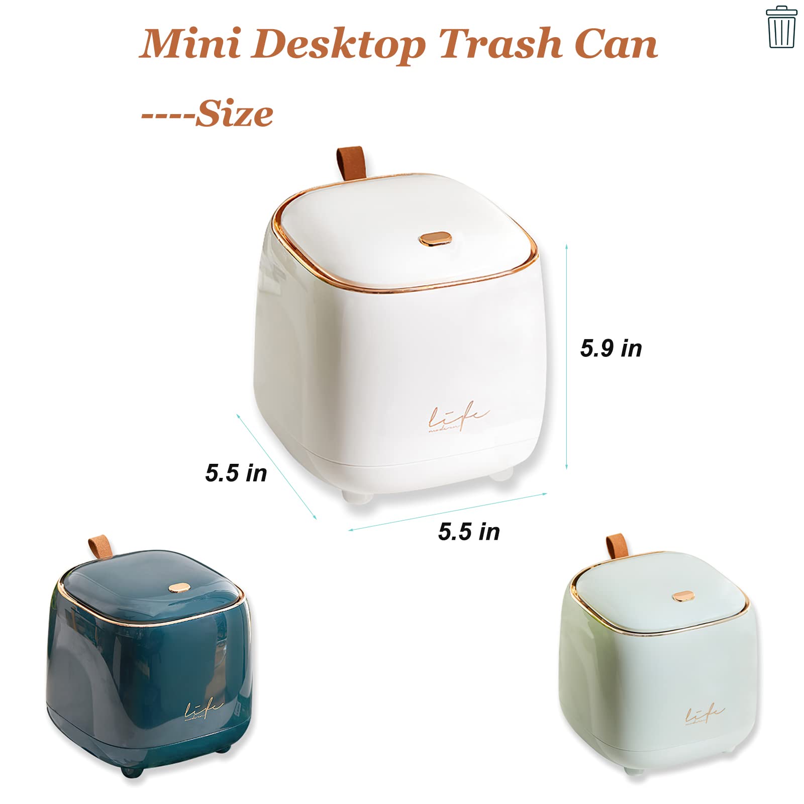 Mini Countertop Trash Can with 3 Rolls of Trash Bags - Press Type Lid Small Waste Bin for Bathroom Vanity, Coffee Table, Office Desk - Compact Desktop Garbage Can (Dark Green) - Perfect for Home, Kitchen, Bedroom & Office Organization