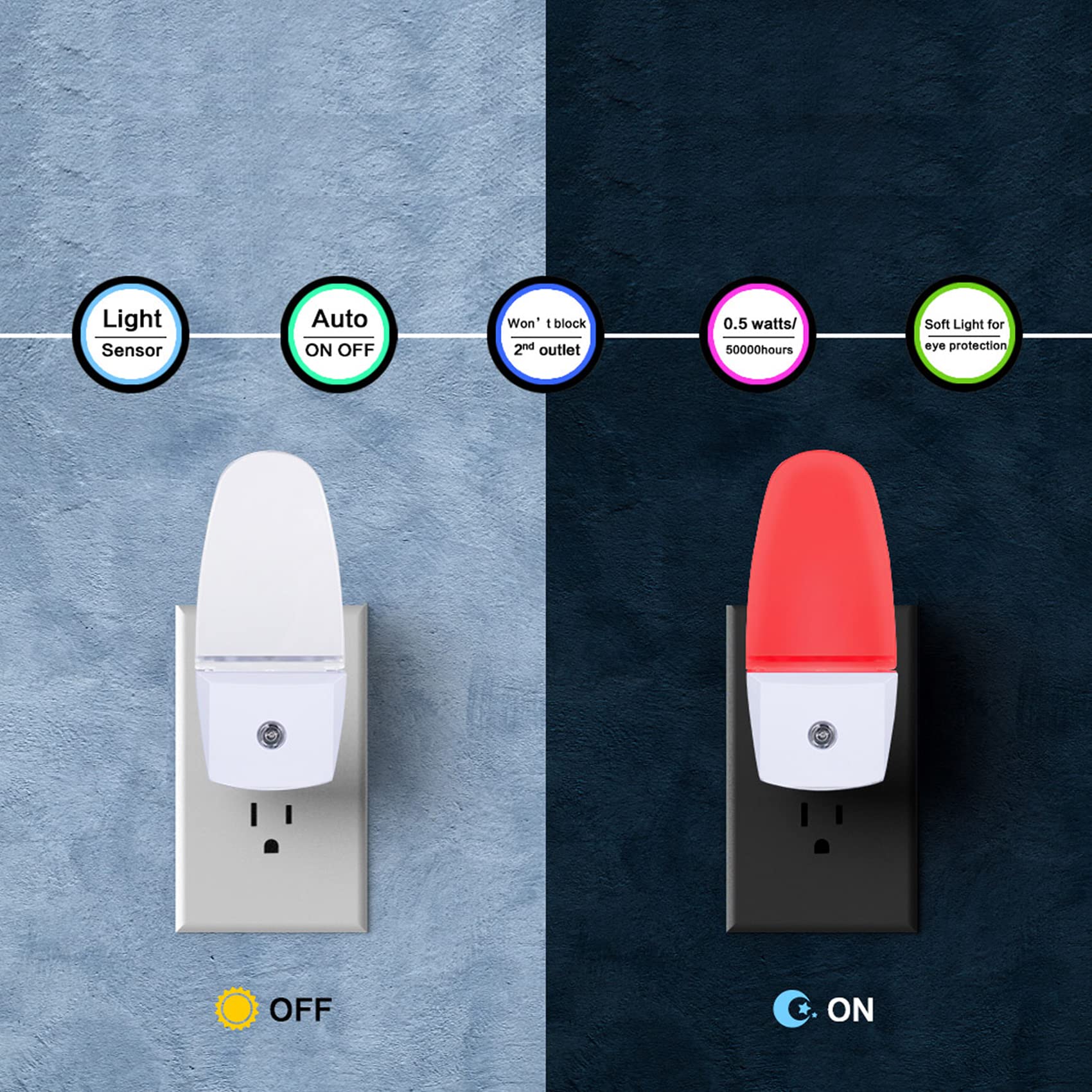 CICINY 4 Pack LED Night Light Plug in with Dusk to Dawn Sensor - 0.5W Ultra Energy Efficient Night Lights for Bedroom, Bathroom, Kitchen, Hallway, Stairs & Nursery - Soft Red Glow for Safe Nighttime Navigation