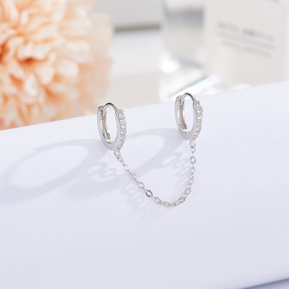 Unique Small Silver Chain Handcuff Hoop Earrings - Double Piercing Crystal Dangle Drop Cartilage Earrings for Men & Women | Trendy Huggie Hoops for Everyday Wear, Parties & Gifts