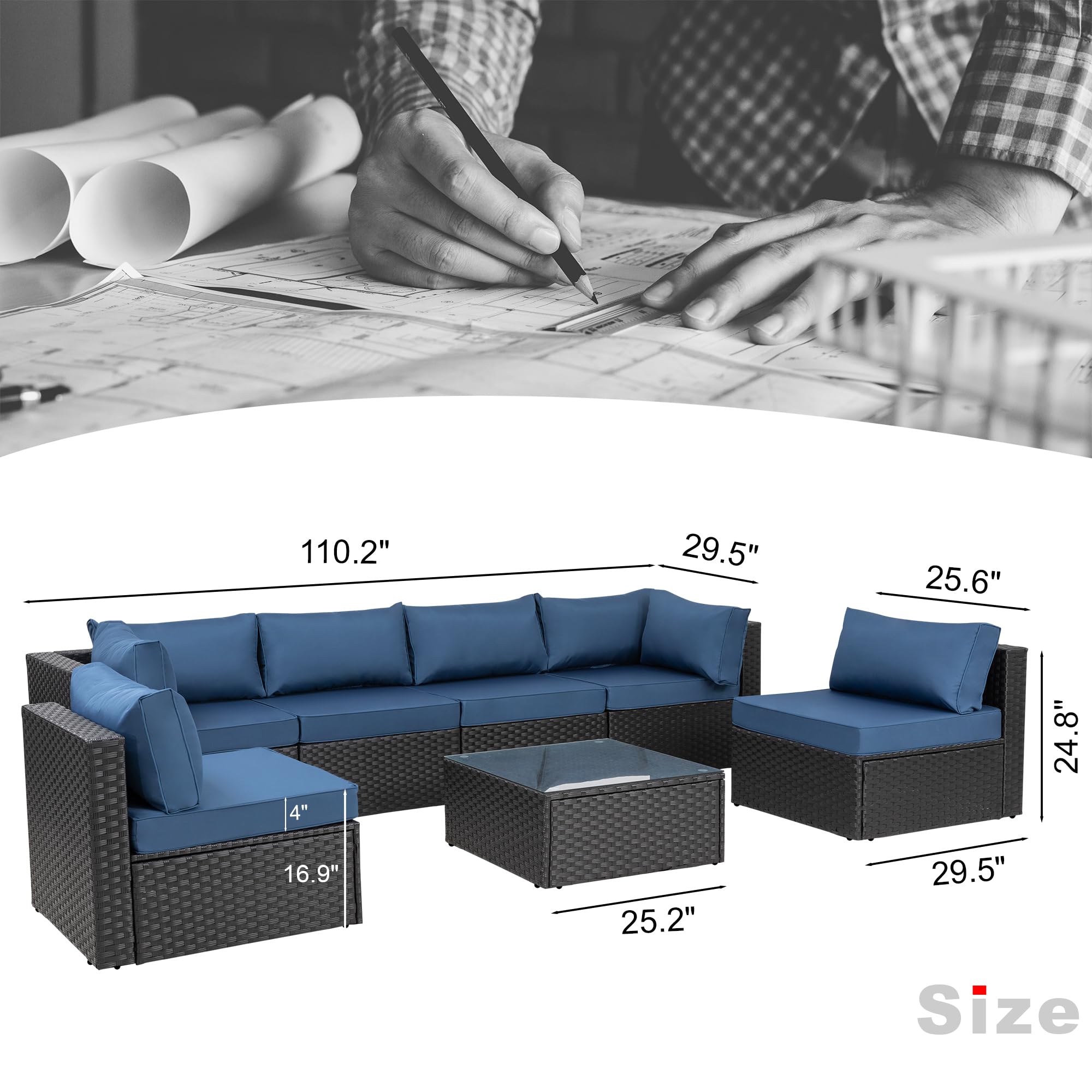 7-Piece Patio Outdoor Furniture Set - Low Back All-Weather Wicker Sectional Sofa with Coffee Table & Washable Cushions (Aegean Blue) - Perfect for Backyard, Garden, Poolside & Deck Relaxation