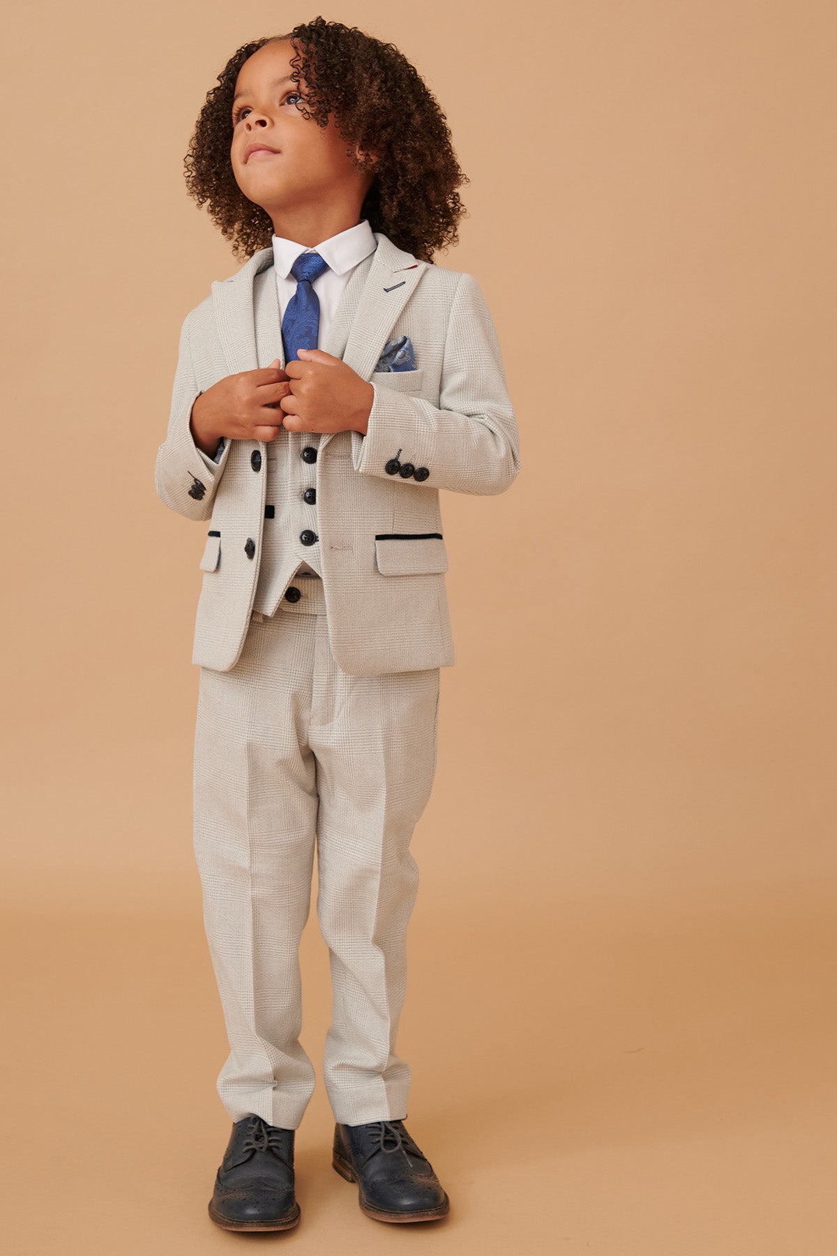 BROMLEY Kids' Stone Check Print 3-Piece Suit for Boys - Formal Wear for Weddings, Parties & Special Occasions