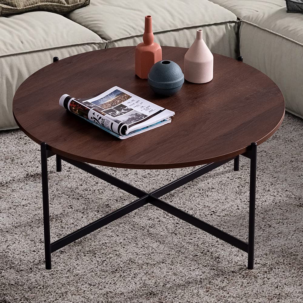 Modern Round Coffee Table - Industrial Style Cocktail Table & Pedestal Desk with Durable Metal Frame (Brown) | Perfect for Living Room, Office, Conference & Study Spaces | Multi-Functional Furniture for Coffee, Dining, Work & Leisure