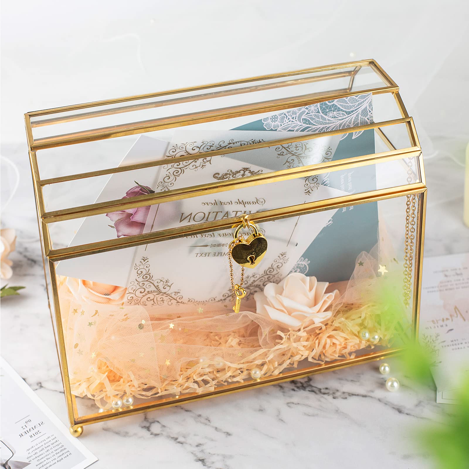 Elegant Gold Wedding Glass Card Box with Secure Heart Lock - Large Clear Card Holder for Wedding Reception, Bridal Shower, Anniversary - Handmade Brass & Glass Display Box Perfect for Wedding Centerpiece & Gift Collection - Ideal for Wedding Decor, Bridal Party, and Special Events