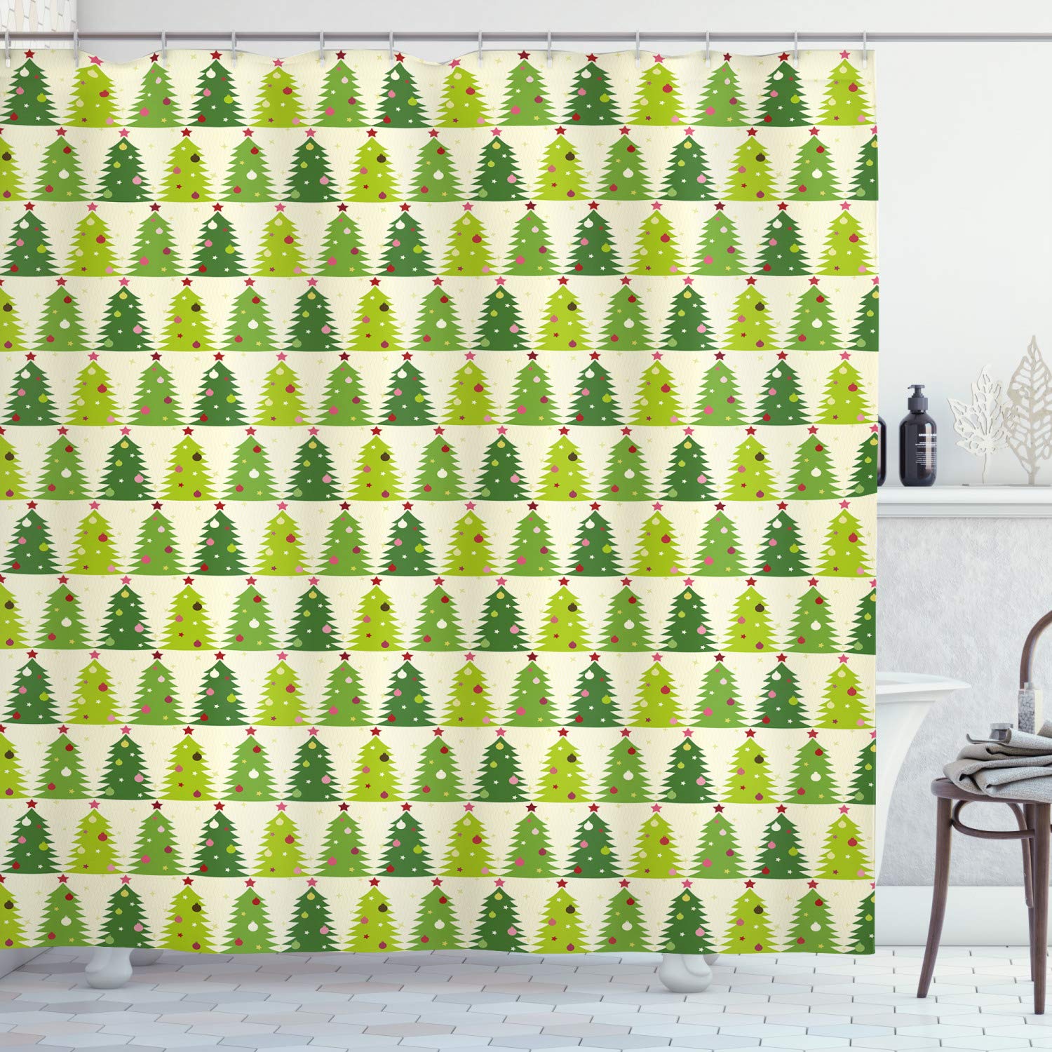 Ambesonne Christmas Tree Shower Curtain - Festive Pine Trees with Ornaments & Star Top Design, Wavy Stripes Bathroom Decor, 69x84 Inch Multicolor Fabric Set with Hooks - Perfect for Holiday Bathroom Decorating & Christmas Home Décor