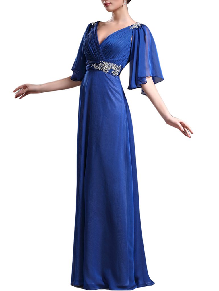 Emanni Women's Elegant V-Neck Chiffon Evening Dress with 3/4 Sleeves - Perfect for Mother's Day, Formal Events & Special Occasions - Size 18W in Navy Blue
