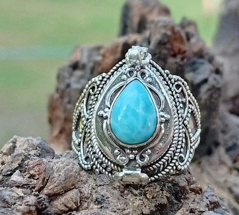 Larimar Gemstone Ring - 925 Sterling Silver Antique Poison Box Ring with Locket - Vintage Boho Style Jewelry - Pear Cut Dominican Republic Larimar - Perfect for Costume Parties, Gothic Fashion & Unique Gift Giving