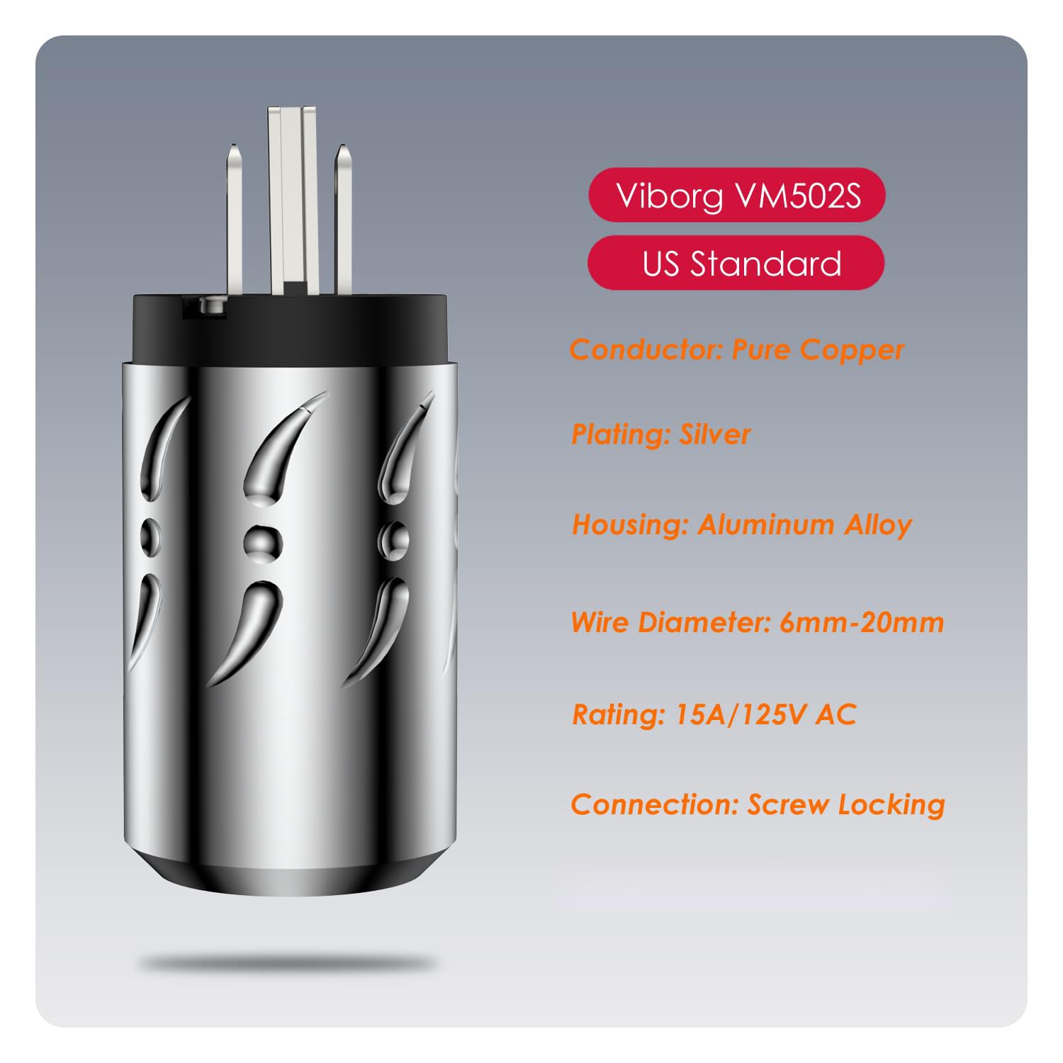 Premium Silver-Plated Pure Copper HiFi Power Plug Set (VM502S+VF502S) - Non-Magnetic AC Mains Plug & IEC C15 Connector for Audiophile-Grade DIY Power Cables - Perfect for High-End Audio Systems & Home Theater Setups