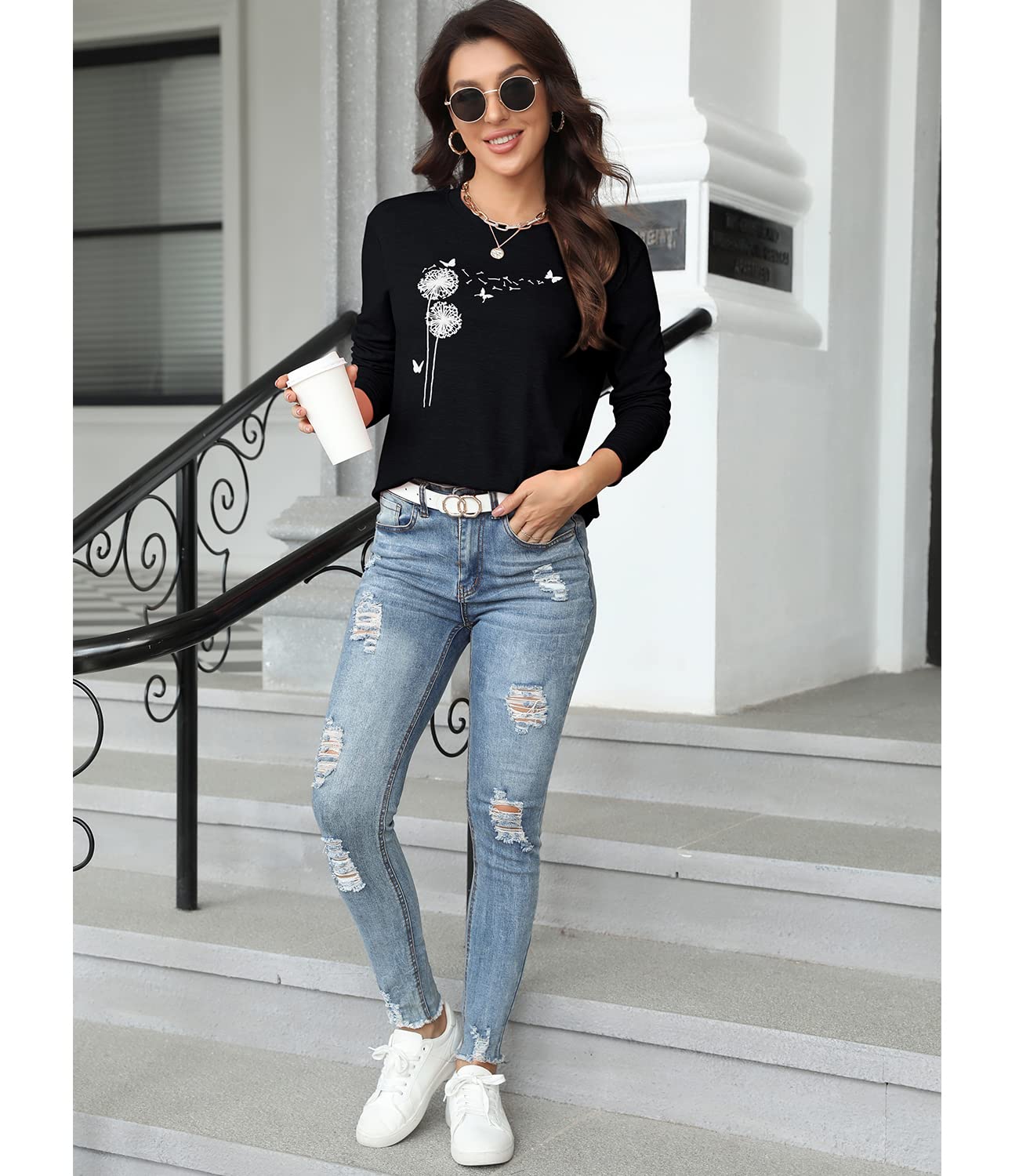 Women's Floral Graphic T-Shirt - Long Sleeve Cotton Tunic Top for Fall | Casual Outfit, Layering Essential & Autumn Fashion Staple