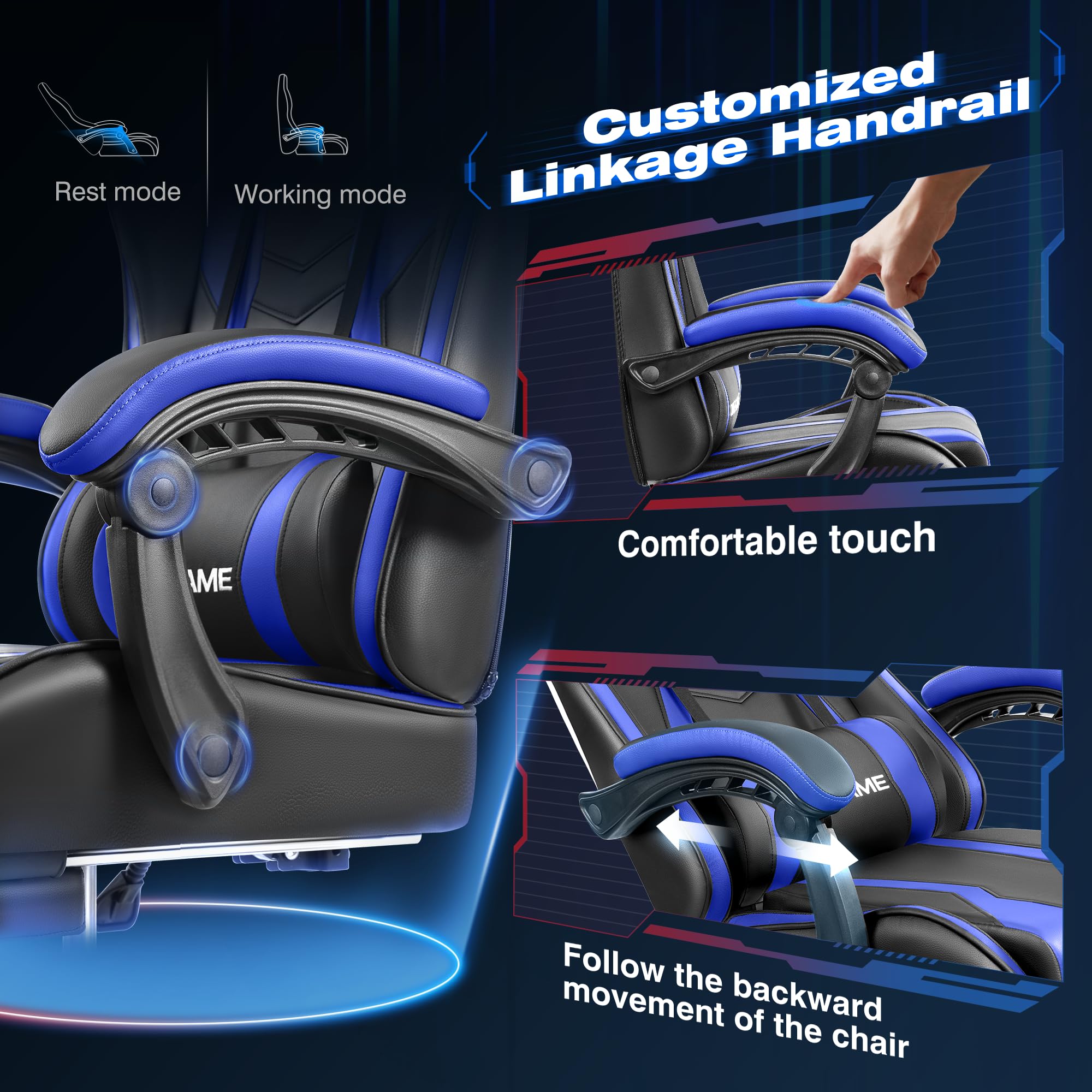 OneGame Ergonomic Gaming Chair with Footrest - High Back PU Leather Racing Style Computer Chair for Home Office - Adjustable Height Video Game Chair (Black/Blue) - Perfect for Esports, Streaming & Long Gaming Sessions