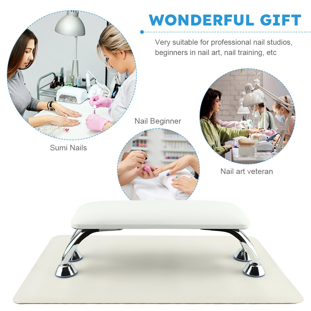 Foldable PU Leather Nail Hand Rest & Polish Mat Set - Acrylic Nail Art Table Mat with Hand Pillow for Manicure Salon | Portable Hand Rest for Gel Polish, Nail Extensions & DIY Home Nail Care (White)