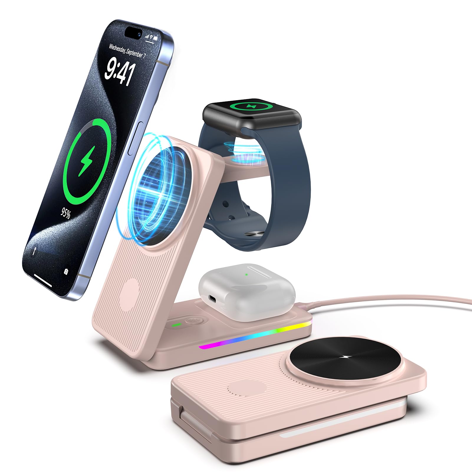 3 in 1 Magnetic Wireless Charging Station for iPhone 16/15/14/13/12, Apple Watch 10/Ultra/9/8 & AirPods Pro - Fast MagSafe Charger with Strong Alignment - Perfect for Home, Office & Travel (Pink)