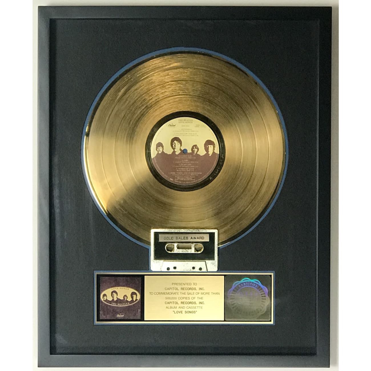 The Beatles Love Songs RIAA Gold LP Award - Capitol Records Inc. Vintage Music Collectible - Perfect for Beatles Fans, Music Memorabilia Displays & Record Collector Gifts