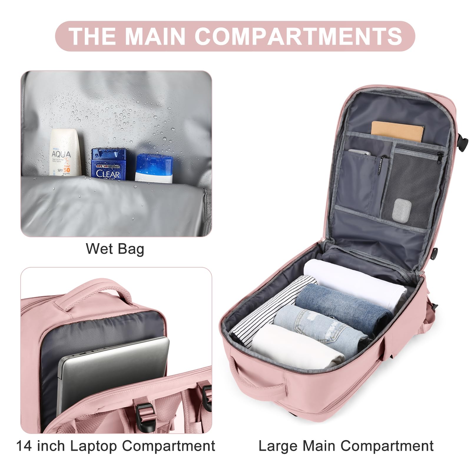 Coofay Women's Airline Approved Carry On Backpack - Waterproof Travel Daypack for Hiking, Sports & Casual Use - Lightweight Small Personal Item Backpack (Pink) | Perfect for Flights, Commuting & Outdoor Adventures