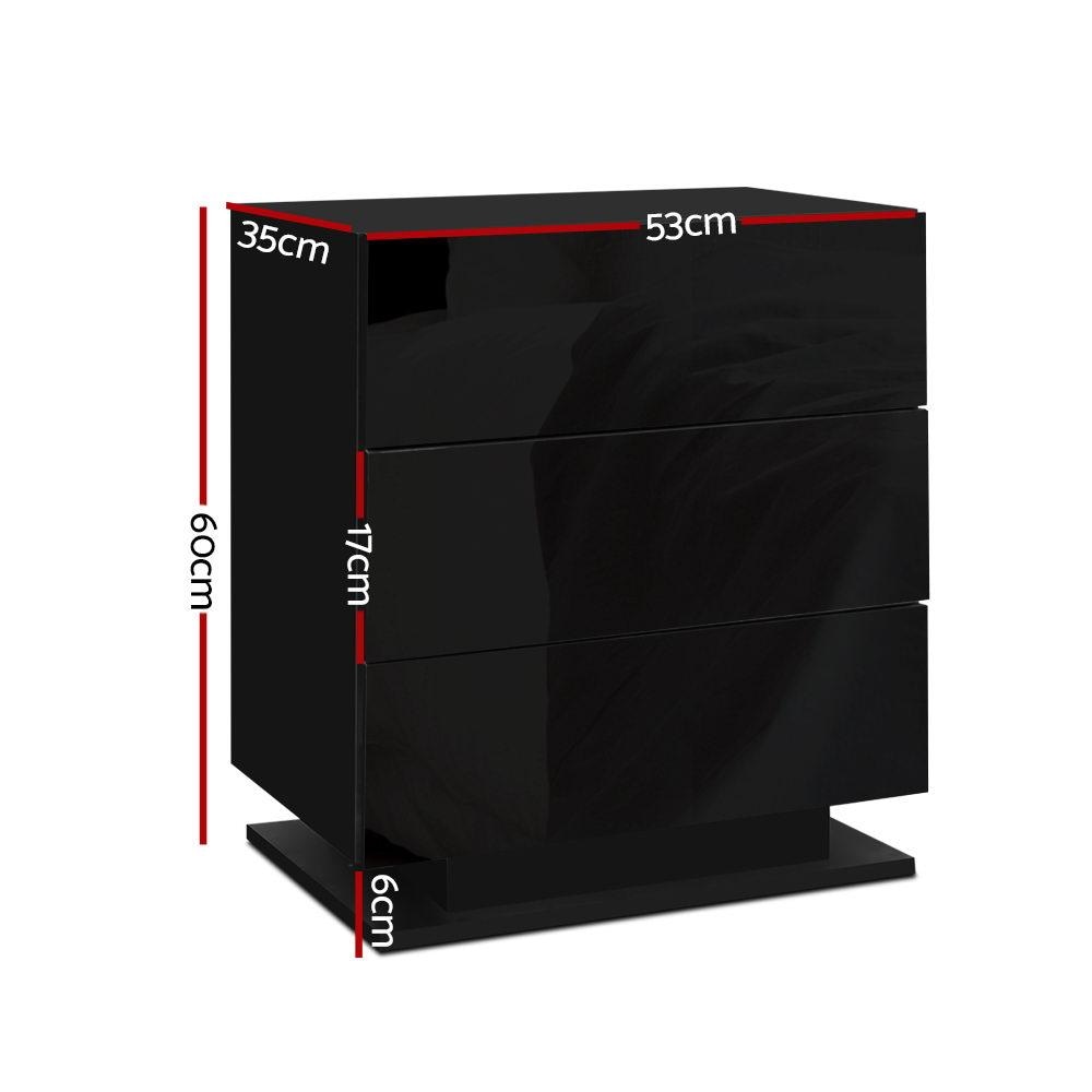 Modern RGB LED Nightstand with 3 Drawers - Gloss Black Bedside Table for Bedroom, Gaming Room & Dorm | Touch Control, USB Charging & Storage Space