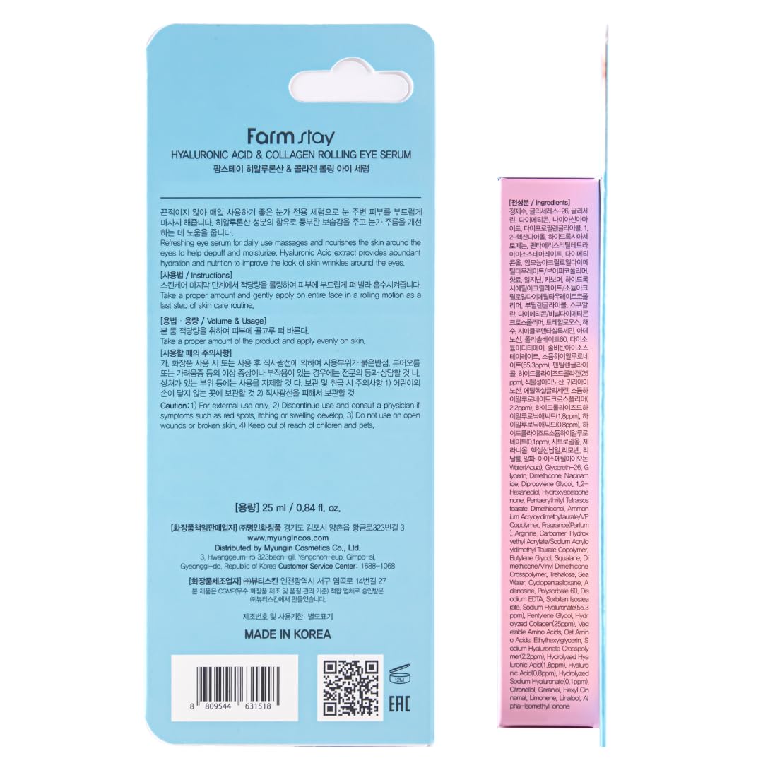 Farmstay Hyaluronic Acid Roll-on Eye Serum with 2% Niacinamide & Collagen – Korean Eye Roller for Dark Circles, Puffy Eyes & Wrinkles – Hydrating & Anti-Aging Eye Care – 0.84 fl. oz – Perfect for Morning Routine & Night Skincare