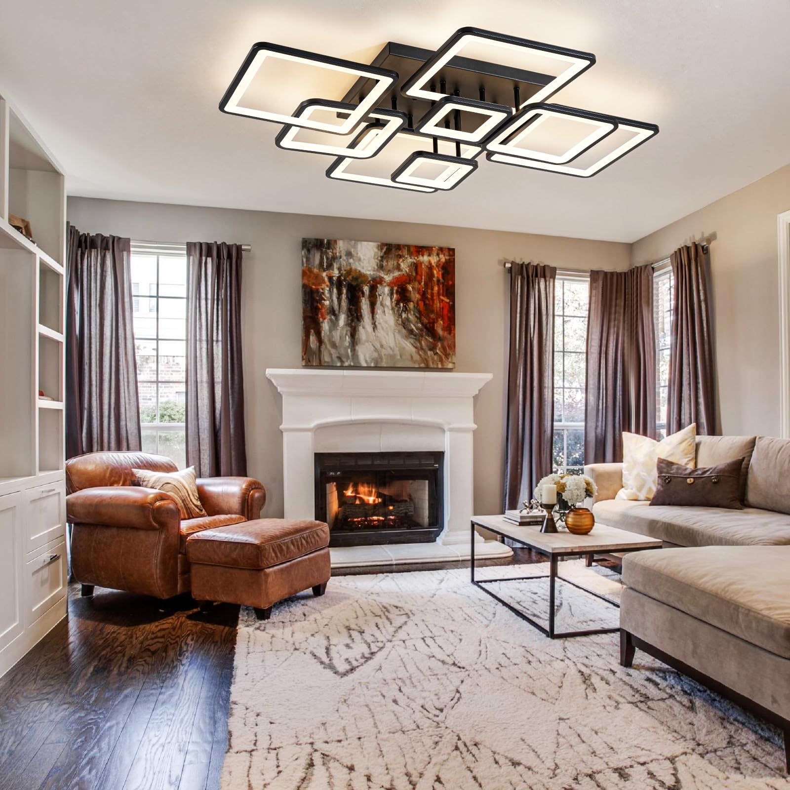 Modern Dimmable LED Ceiling Light with Remote Control - Black Flush Mount Chandelier, Acrylic Ring Fixture for Living Room, Dining Room, Bedroom - Energy Efficient Lighting Solution for Home Decor (8H-FANG-BL-04) | Perfect for Modern Interiors, Apartments and Office Spaces