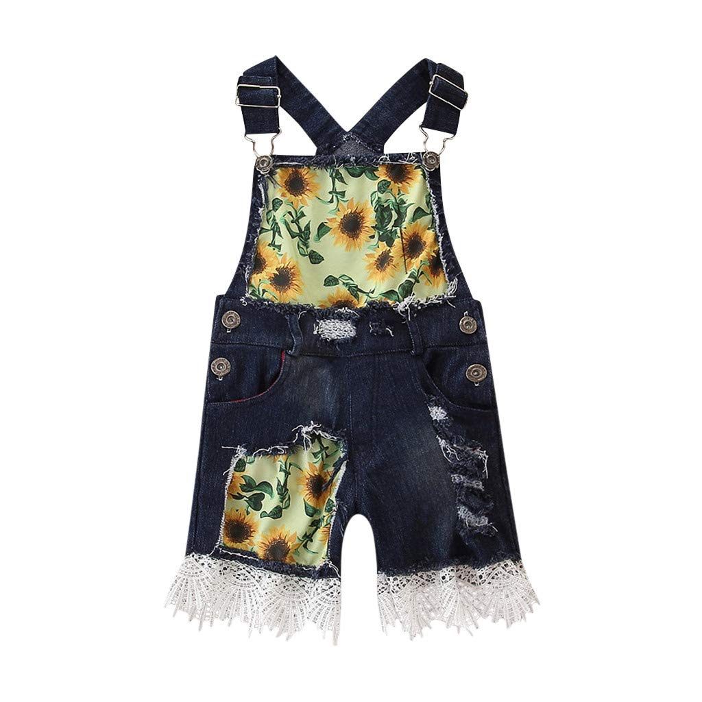 Toddler Girls Sunflower Denim Overalls - Adjustable Suspender Shorts with Lace Trim | Cute Baby Girl Jeans for Playdates, Summer Outfits & Photo Shoots